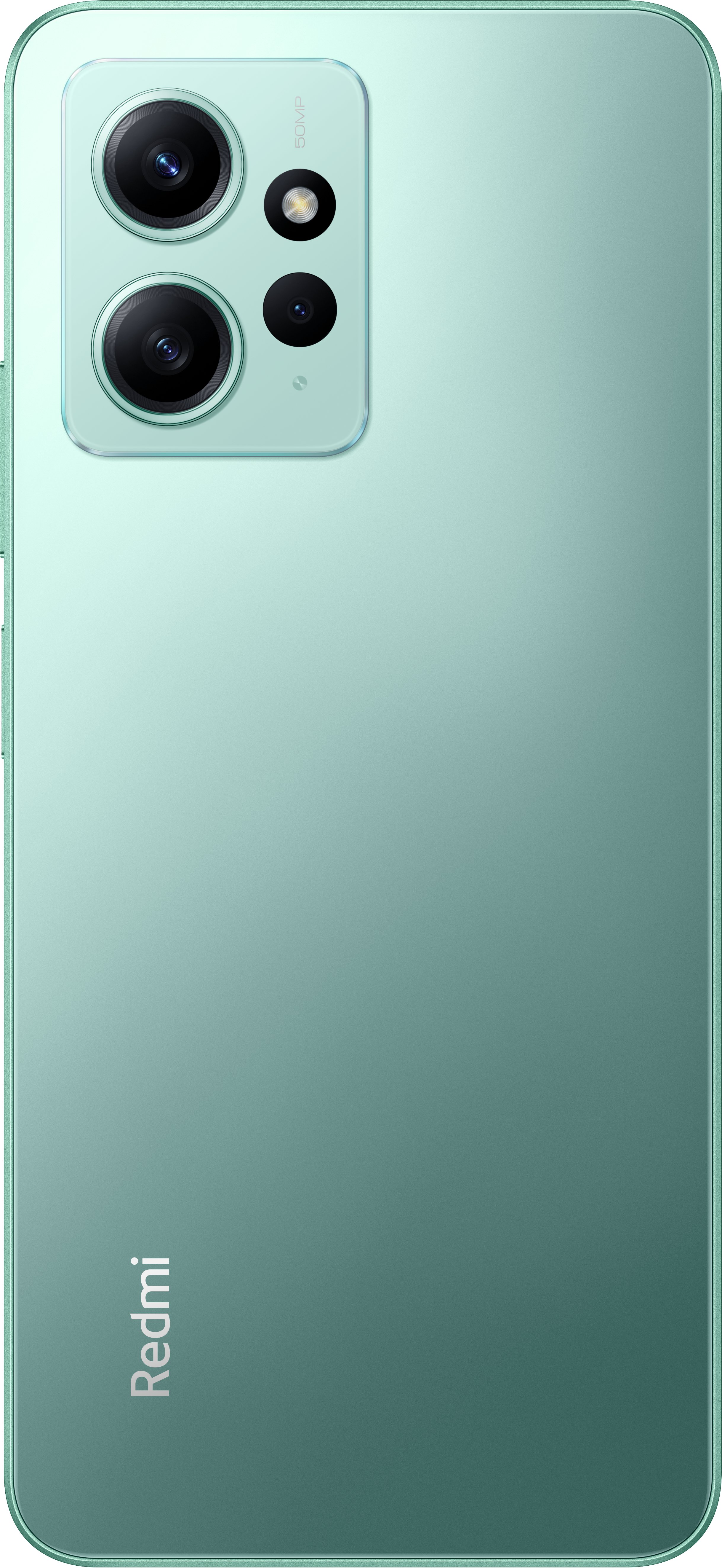 Grünes Telefon mit drei Kameras, Redmi-Logo, auf weißem Hintergrund.