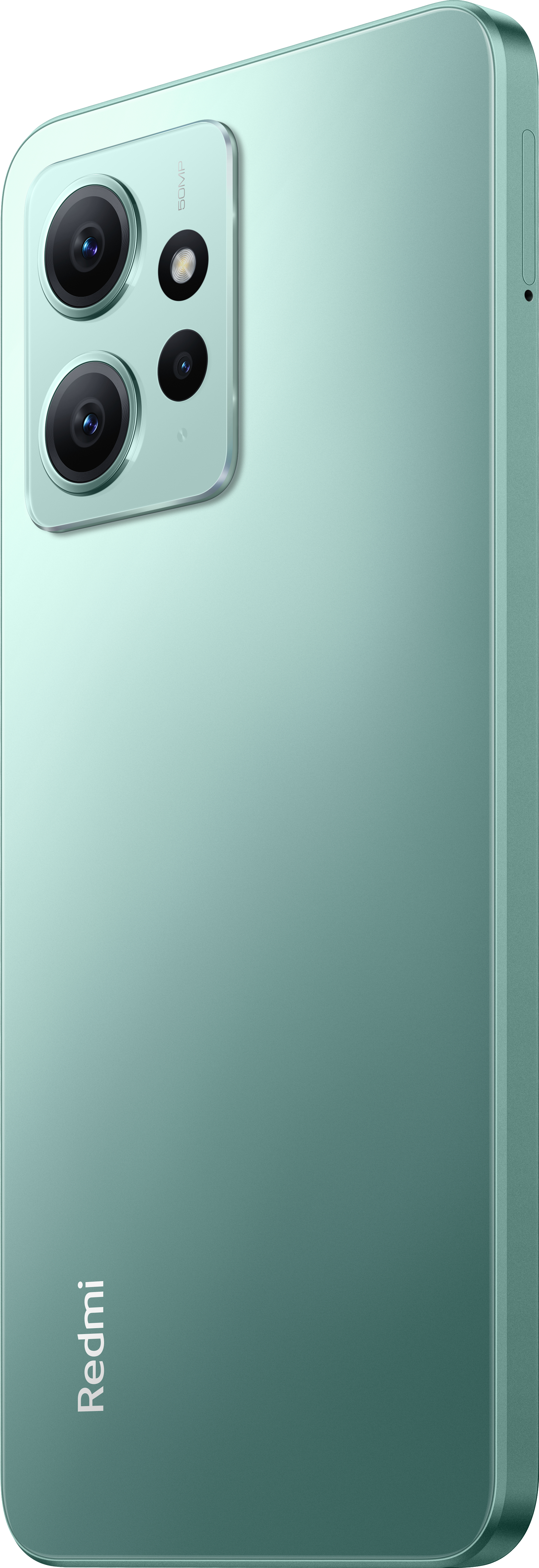 Grüne Smartphone-Rückseite mit Kameras, Redmi-Logo.