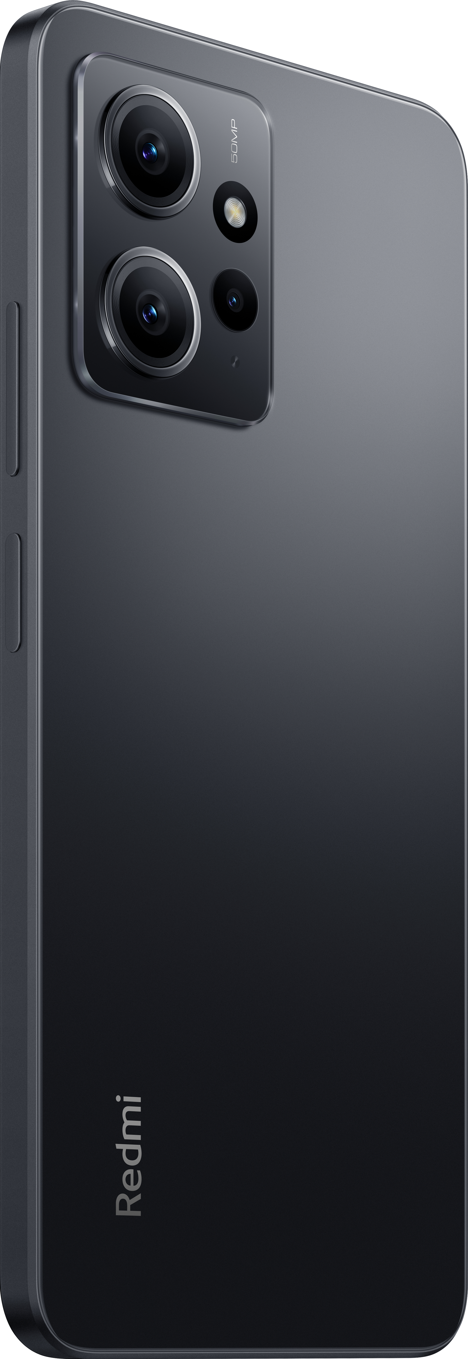 Schwarzes Smartphone, Seitenansicht mit Kameralinsen, Blitz und Redmi-Logo. Schlankes, modernes Design.