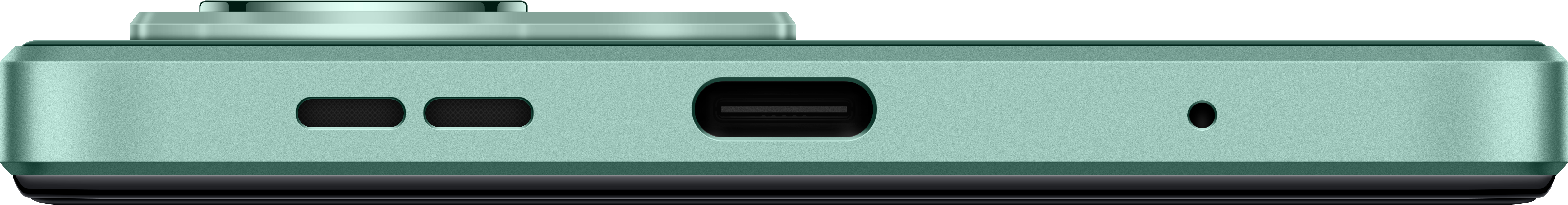 Die Unterseite eines grünen Telefons mit einem USB-C-Anschluss und zwei Löchern.