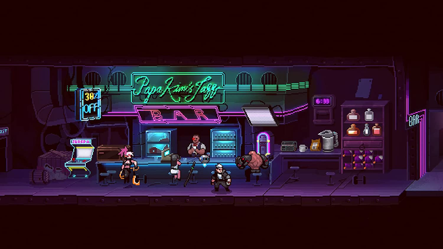 Escena de arte pixelado de un bar de neón con clientes, un barman y un letrero "Papa Kim's Jazz Bar".