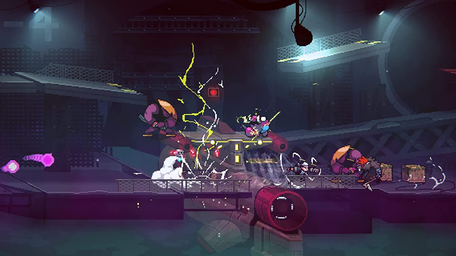 Escena pixelada de un juego con personajes luchando entre explosiones en un entorno futurista.