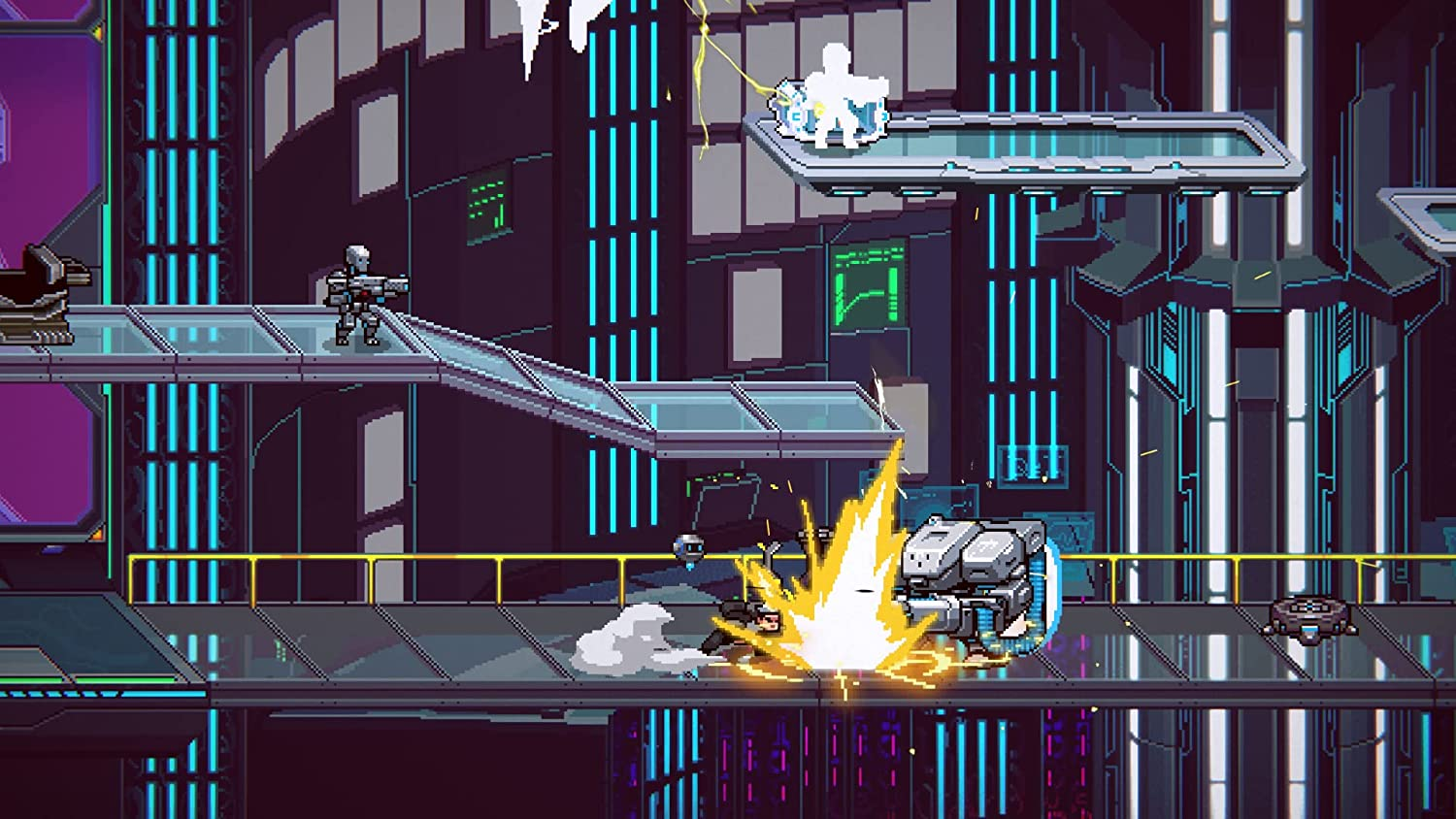 Escena de juego pixelada con personajes en un entorno industrial oscuro, luchando.