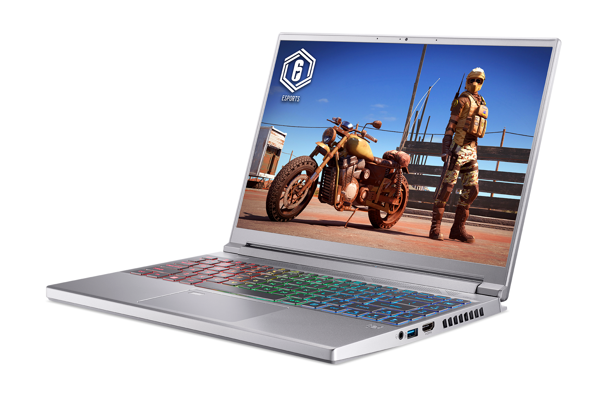 Portátil plateado que muestra un juego con una motocicleta y un personaje.