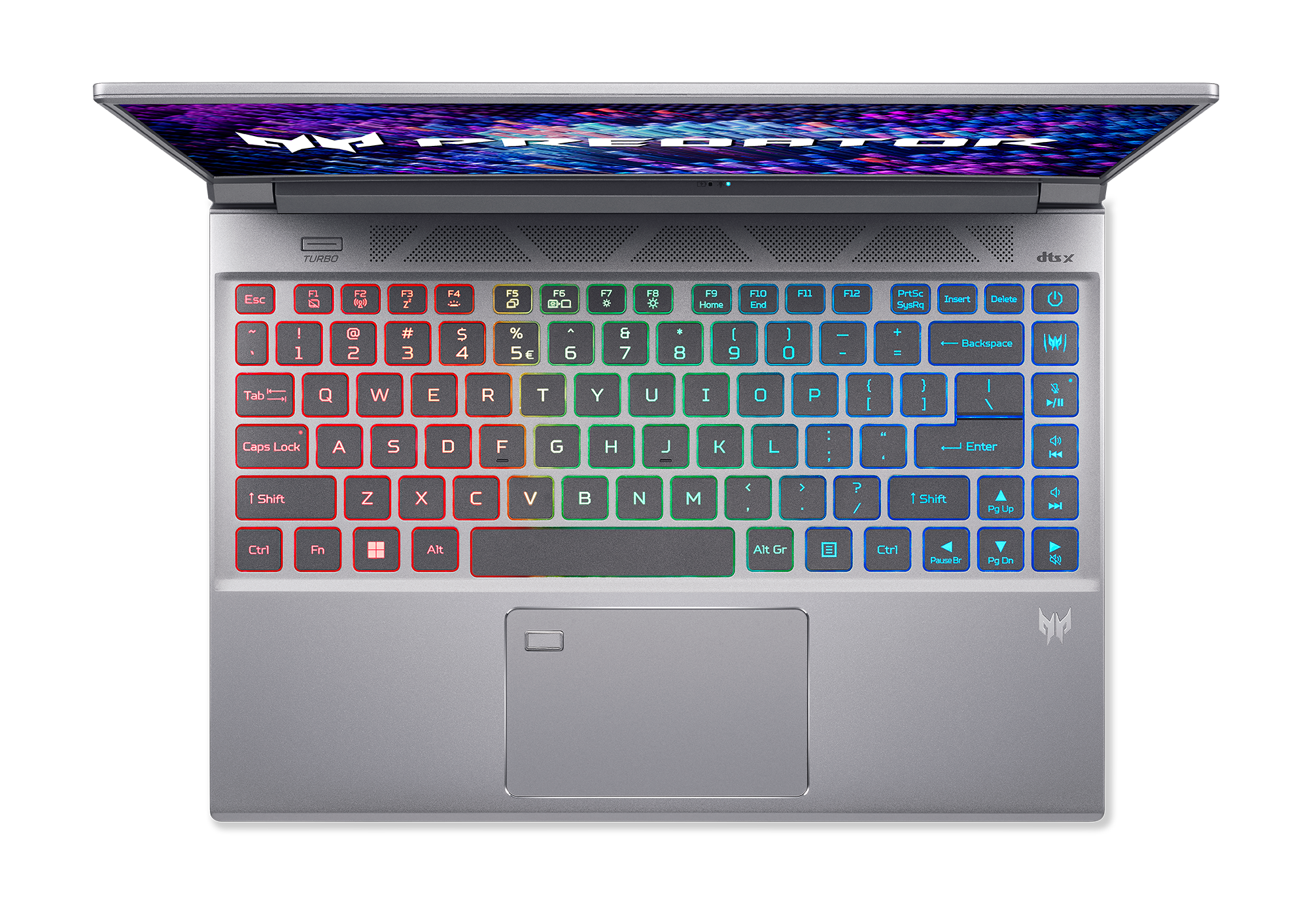 Teclado de portátil con luces de colores. Vista superior, mostrando el teclado y el panel táctil.