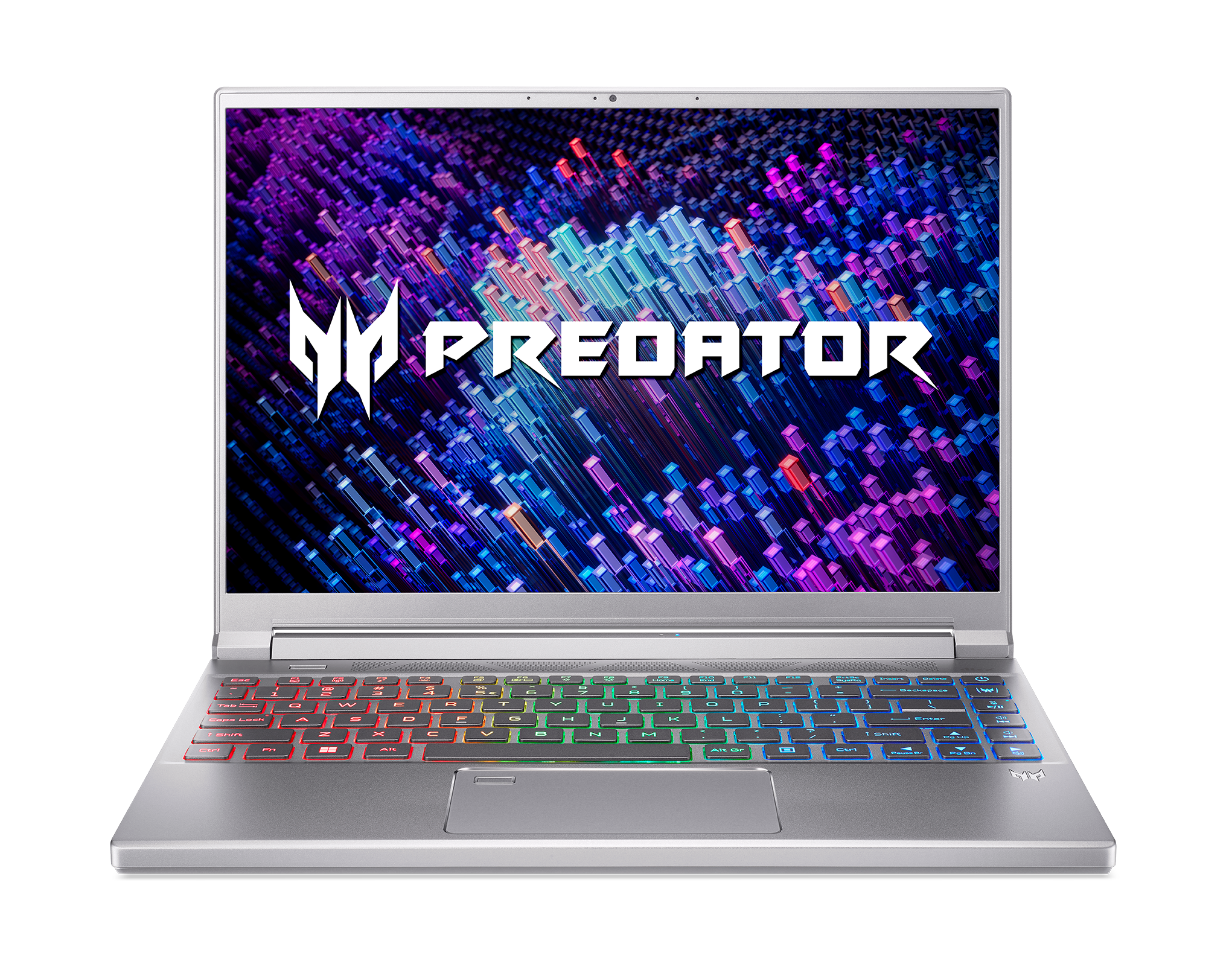 Un portátil plateado con teclado iluminado y el logo Predator. El fondo es negro.