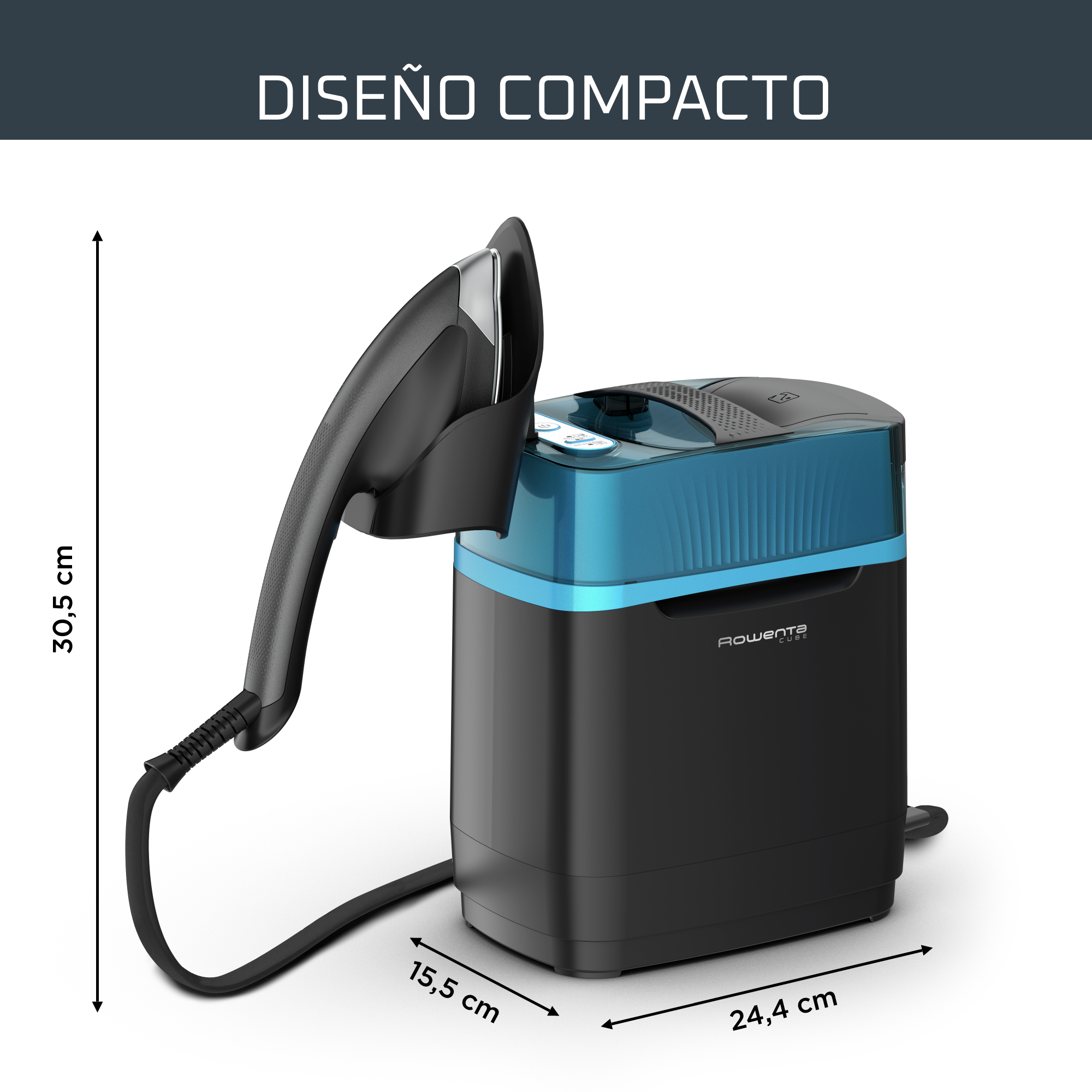 Sistema de planchado con plancha y base. Base negra y azul, con dimensiones.