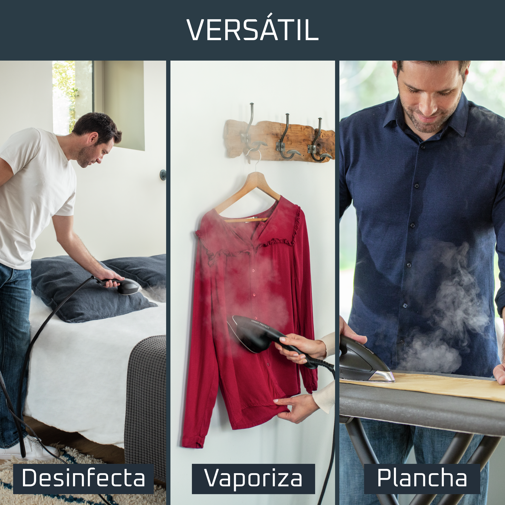 Tres imágenes que muestran diferentes usos para una plancha de vapor: desinfección, vaporización de camisa y planchado.