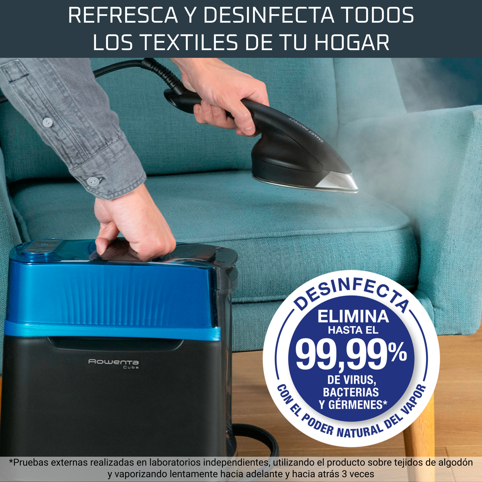 Una persona que usa un limpiador a vapor Rowenta en un sofá azul, con un gráfico de detalles del producto.