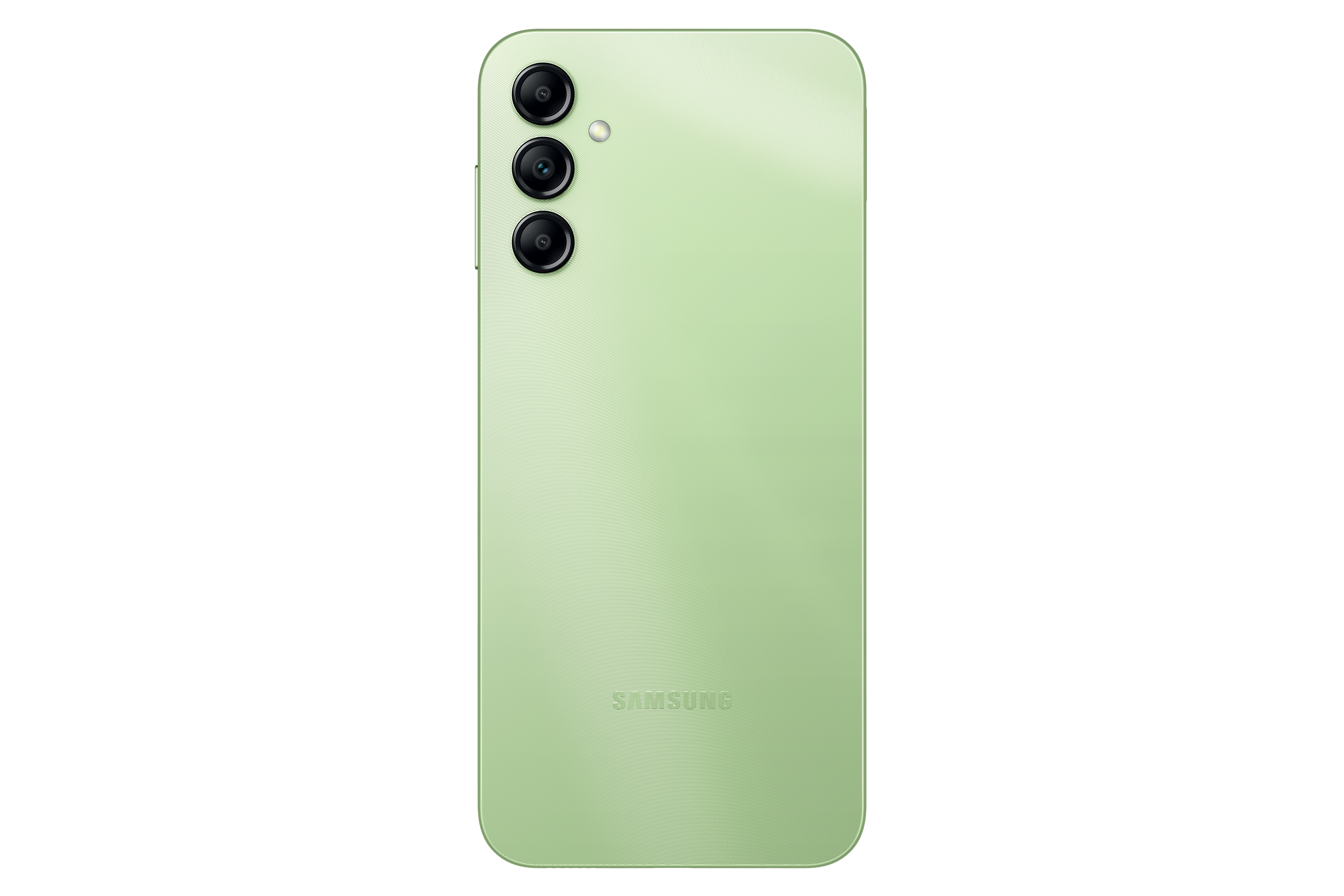 Grüne Smartphone-Rückseite mit drei Kameras und Samsung-Logo.