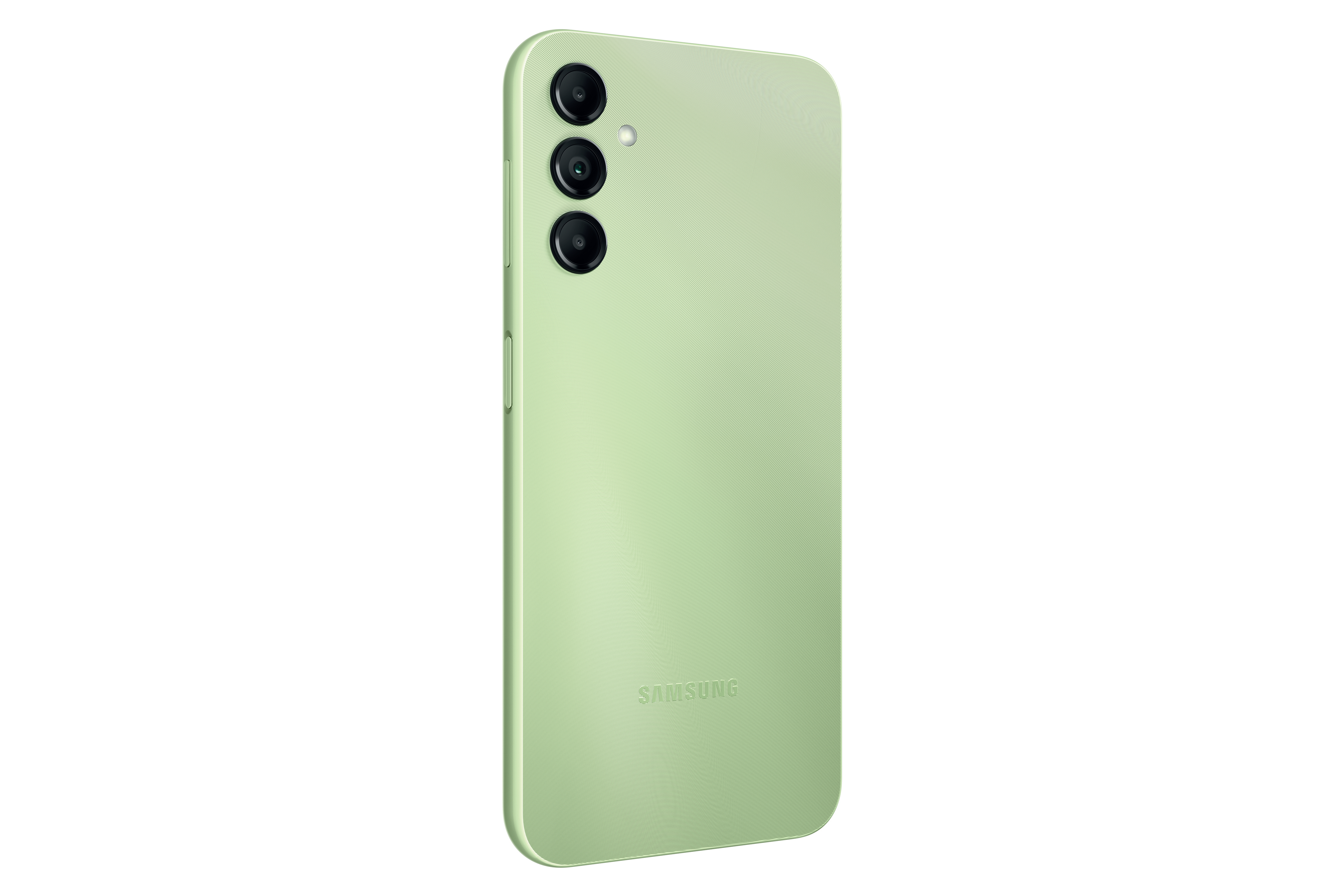 Rückseite eines hellgrünen Samsung-Telefons mit drei Rückkameras, vor weißem Hintergrund.