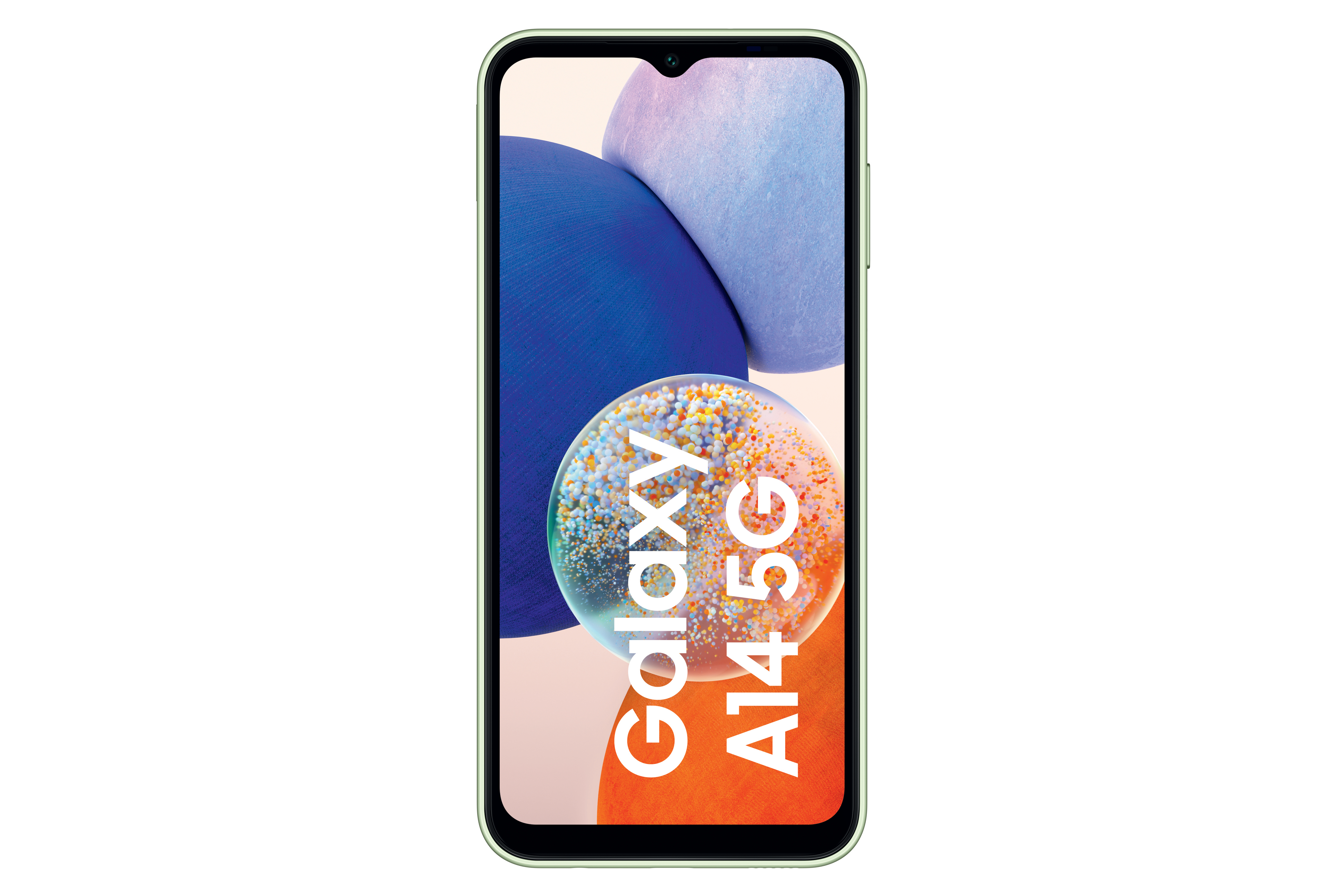 Ein grüner Telefonbildschirm mit dem Galaxy A14 5G Logo.