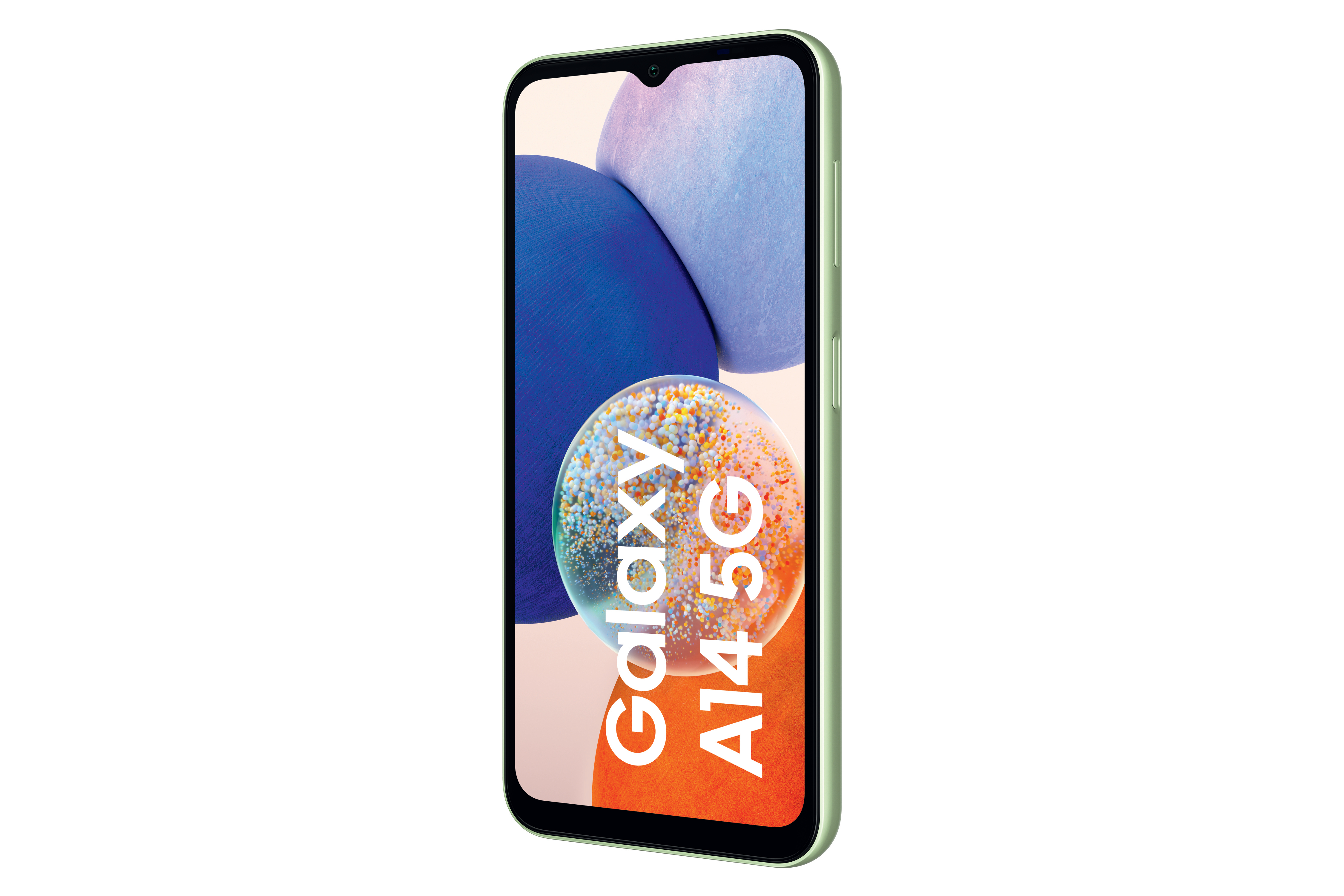 Ein grünes Smartphone mit einem Bildschirm, der eine farbenfrohe Benutzeroberfläche anzeigt, auf weißem Hintergrund.