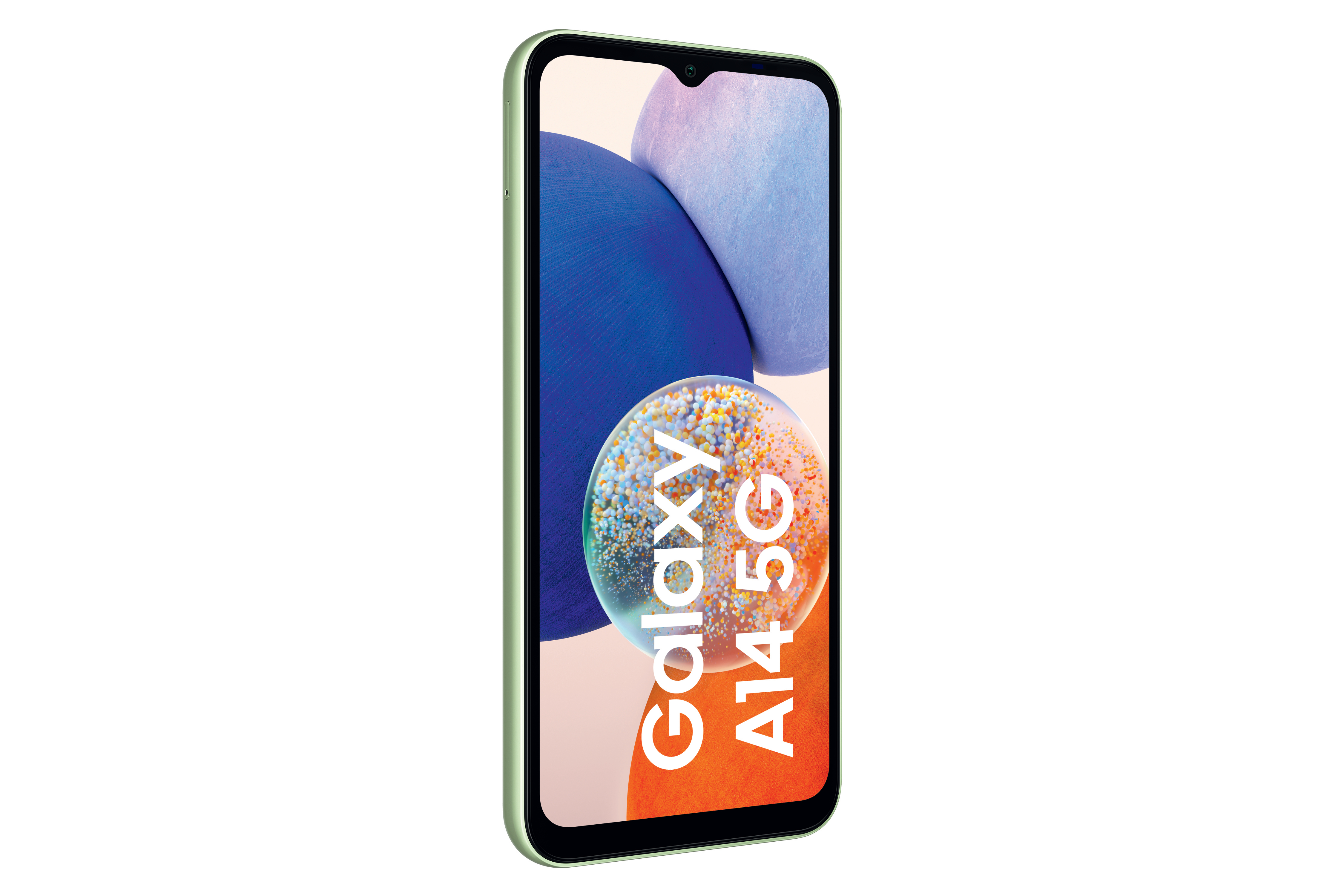Ein mintgrünes Samsung Galaxy A14 5G-Telefon, das den Bildschirm des Telefons anzeigt.