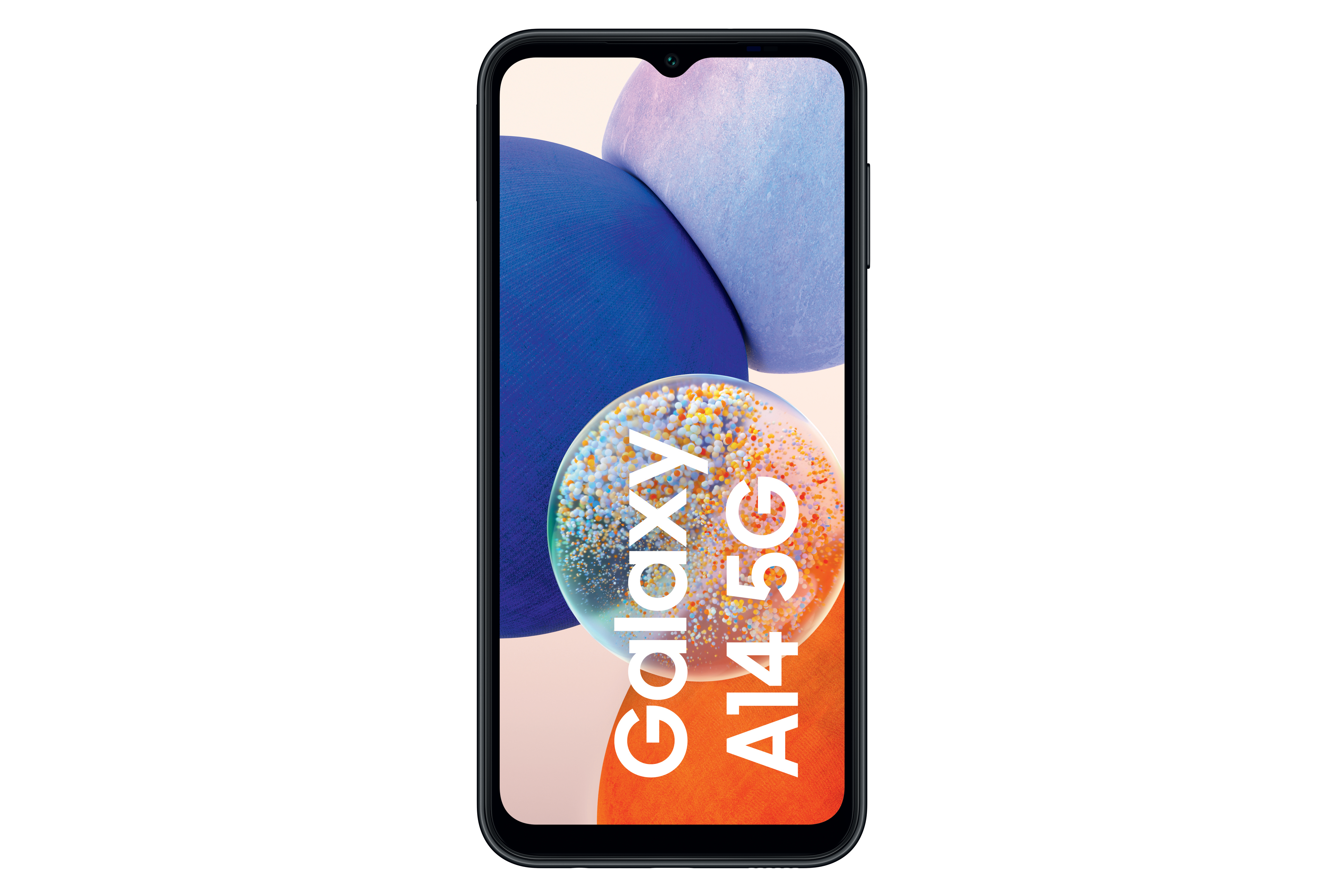 Schwarzes Samsung Galaxy A14 5G-Telefon, Vorderansicht, zeigt den Bildschirm. Weißer Hintergrund.