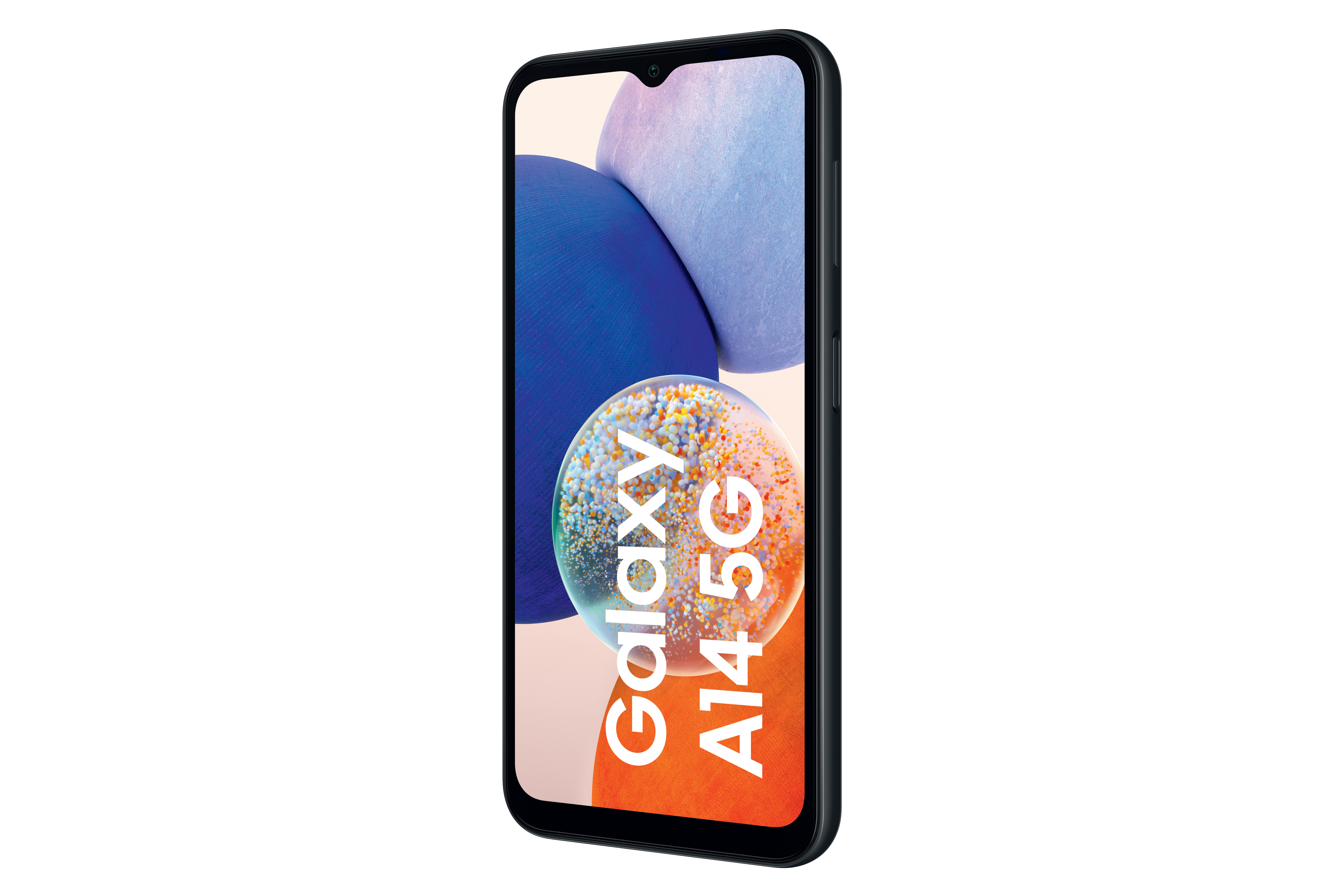 Schwarzes Telefon mit den Worten Galaxy A14 5G auf dem Bildschirm.