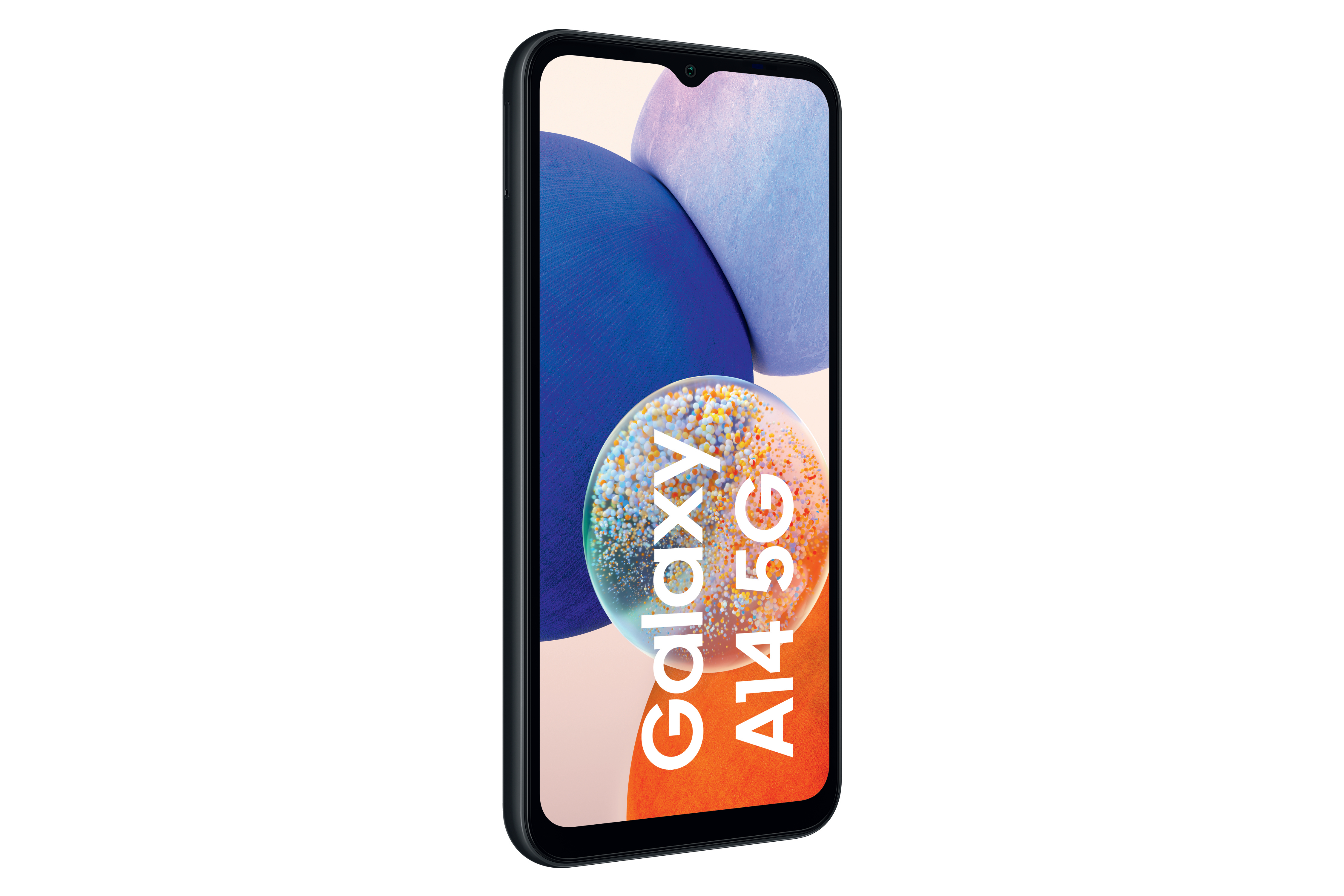 Ein schwarzes Telefon mit großem Bildschirm, mit den Worten 'Galaxy A14 5G'.