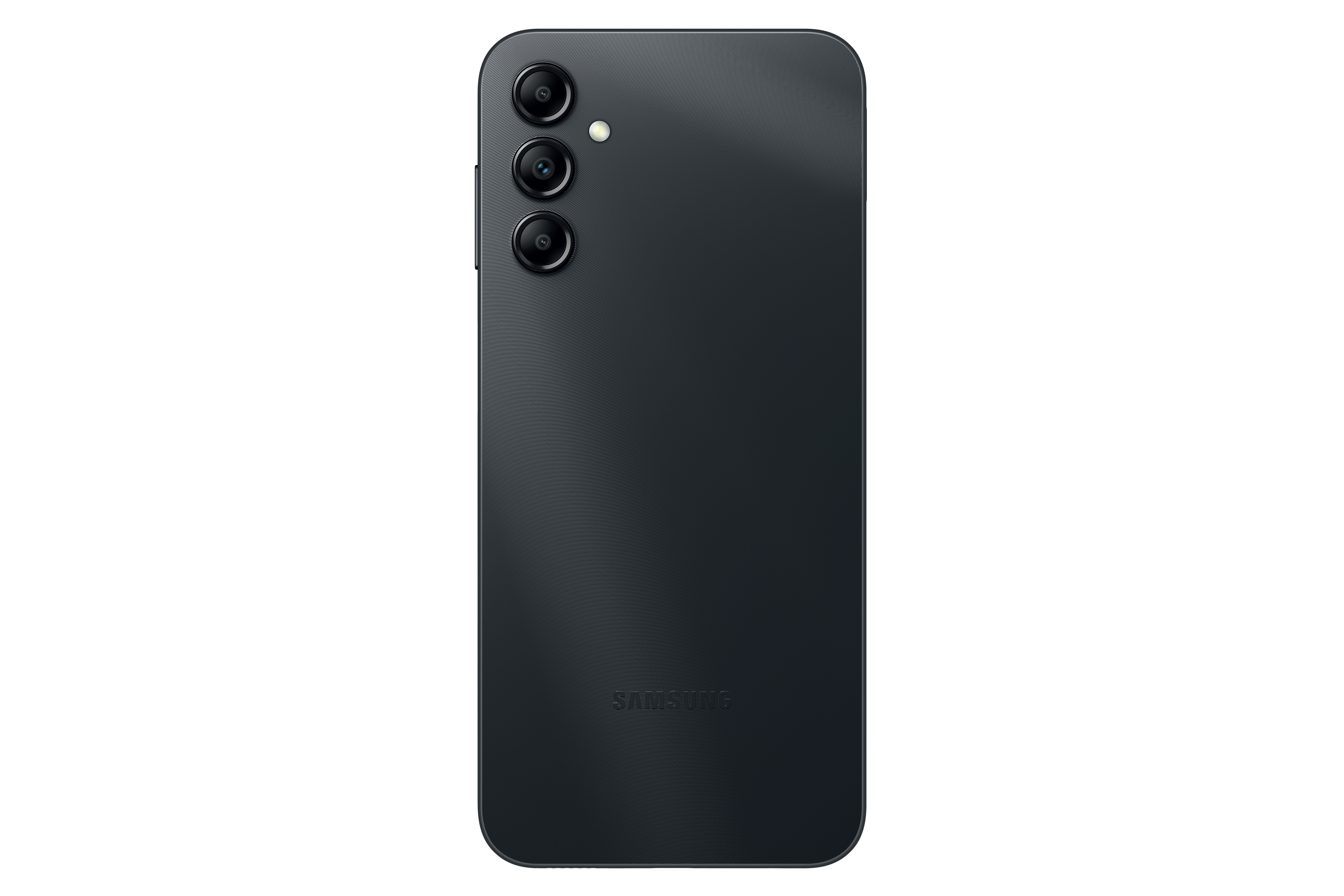 Rückansicht eines schwarzen Samsung-Telefons mit Dreifachkamera und strukturierter Oberfläche.
