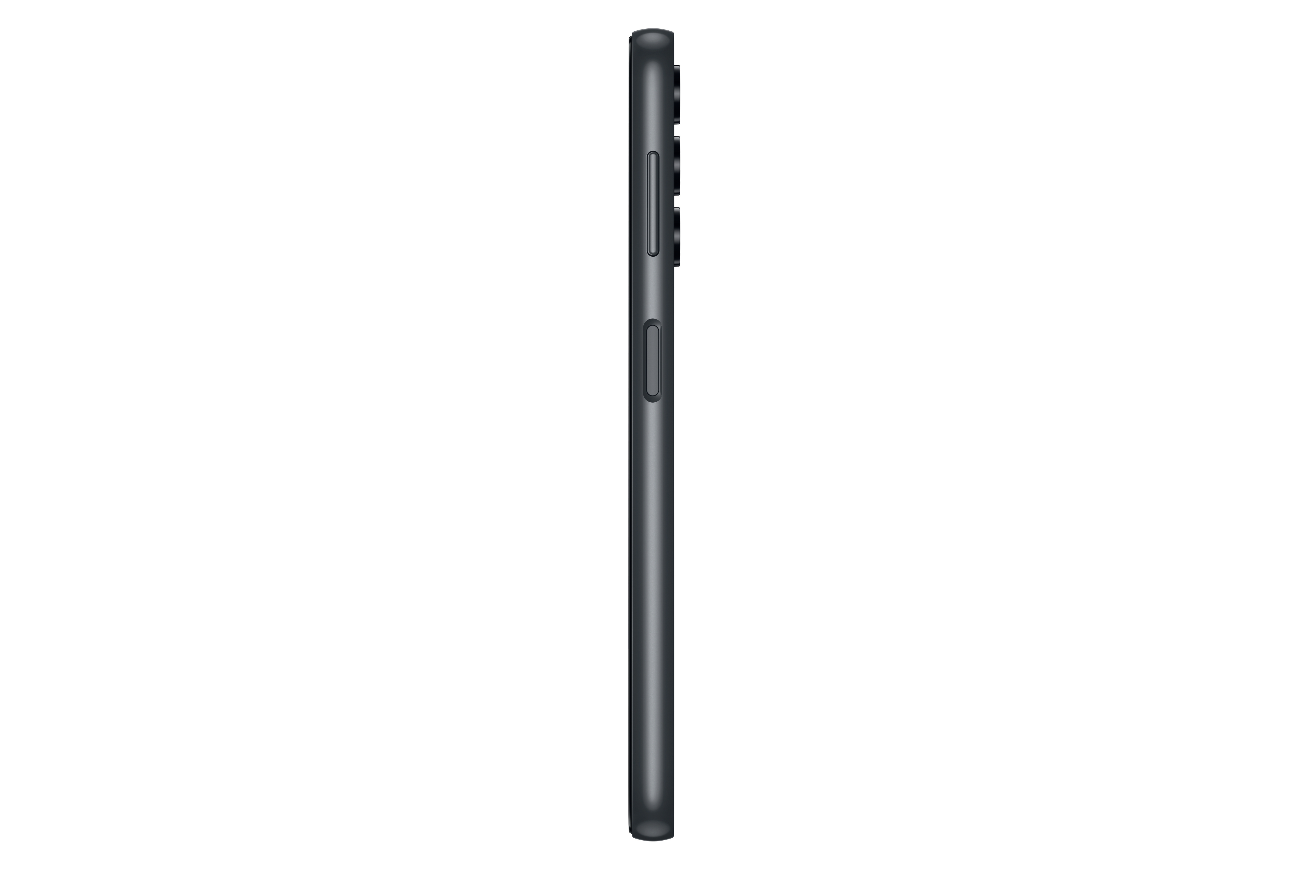 Ein schlankes, dunkelblaues Smartphone von der Seite vor weißem Hintergrund.