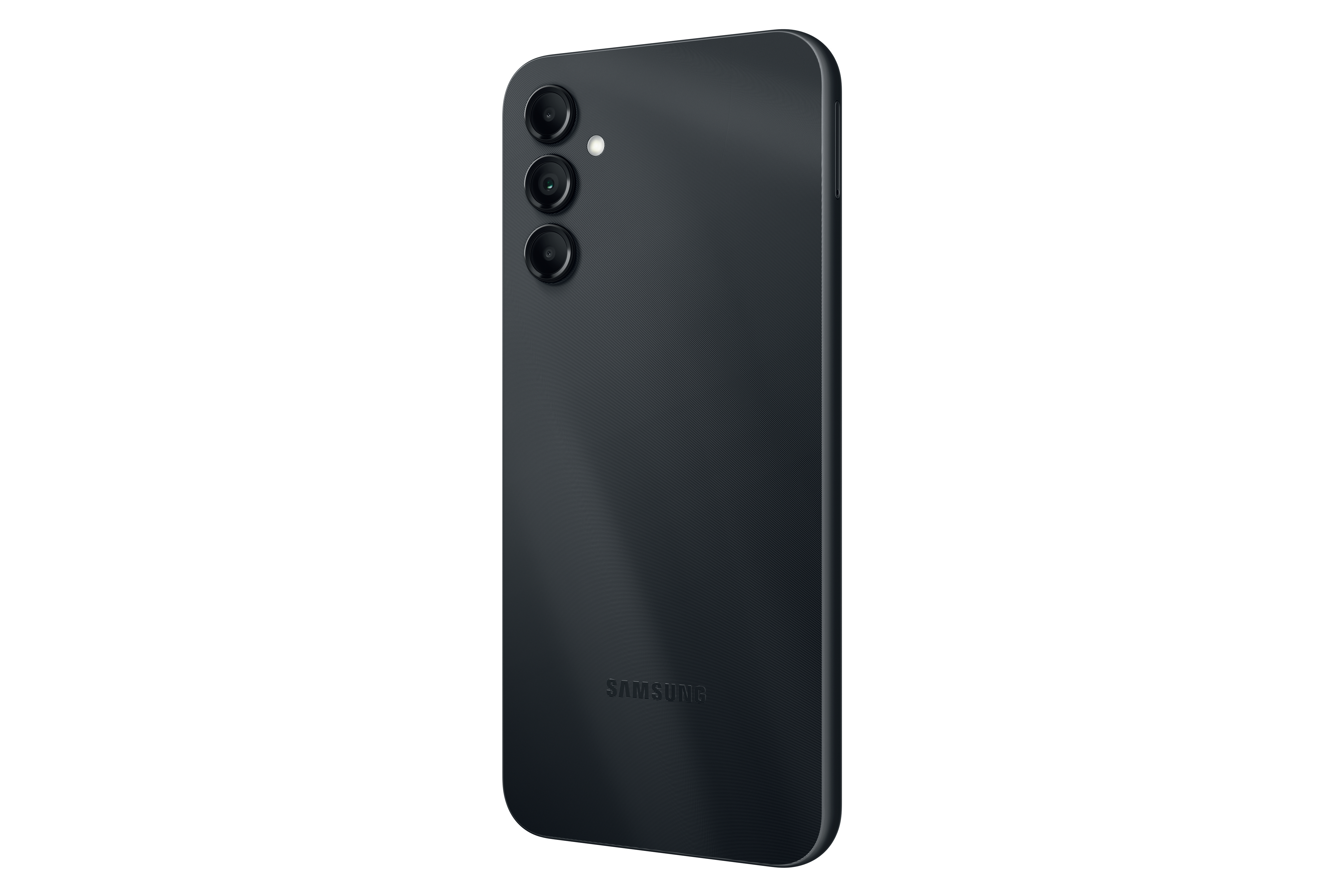 Die Rückseite eines schwarzen Smartphones, das die Kameraanordnung und eine strukturierte Rückseite zeigt.