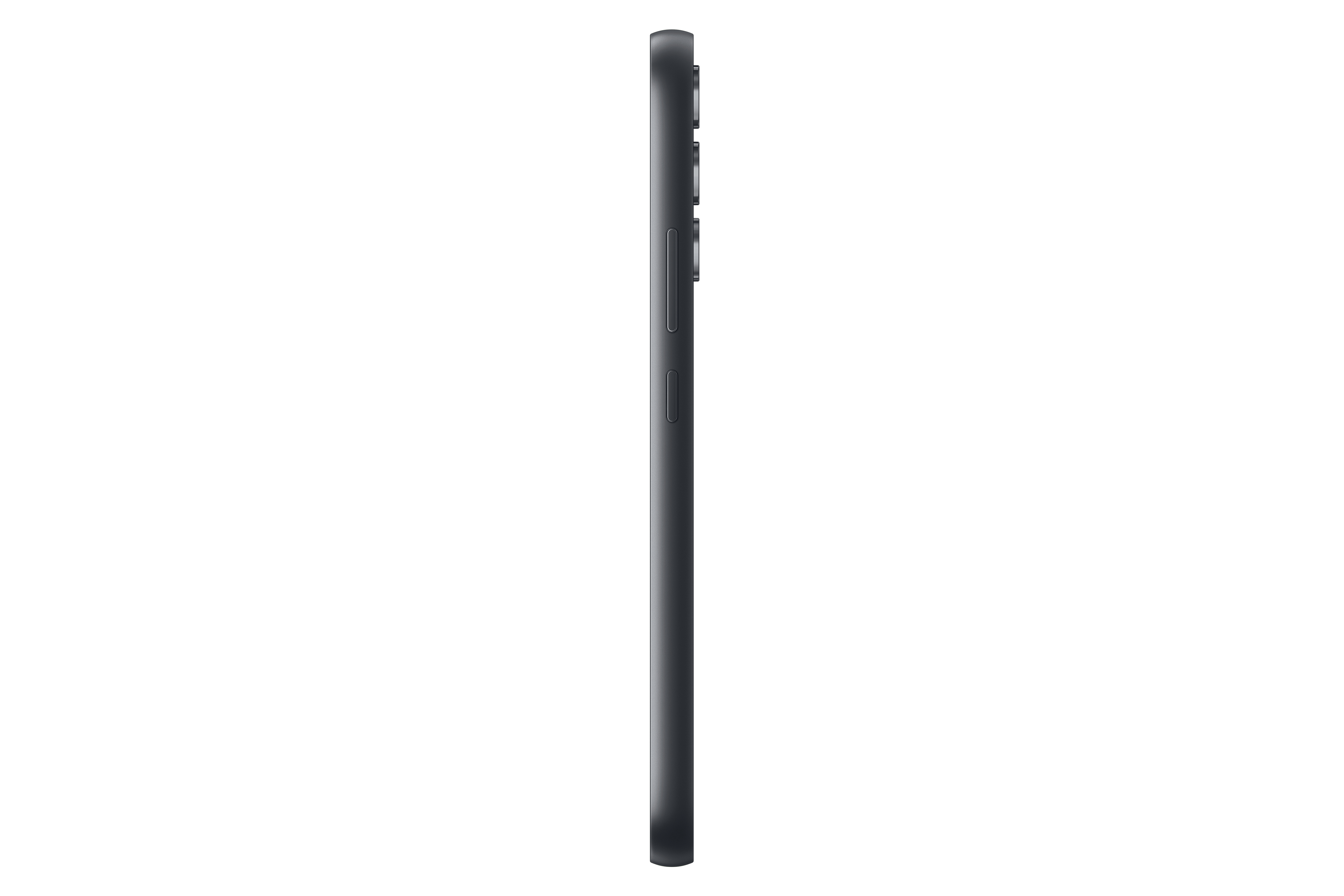 Seitenansicht eines schwarzen Smartphones. Die Lautstärke- und Ein/Aus-Tasten sind sichtbar.