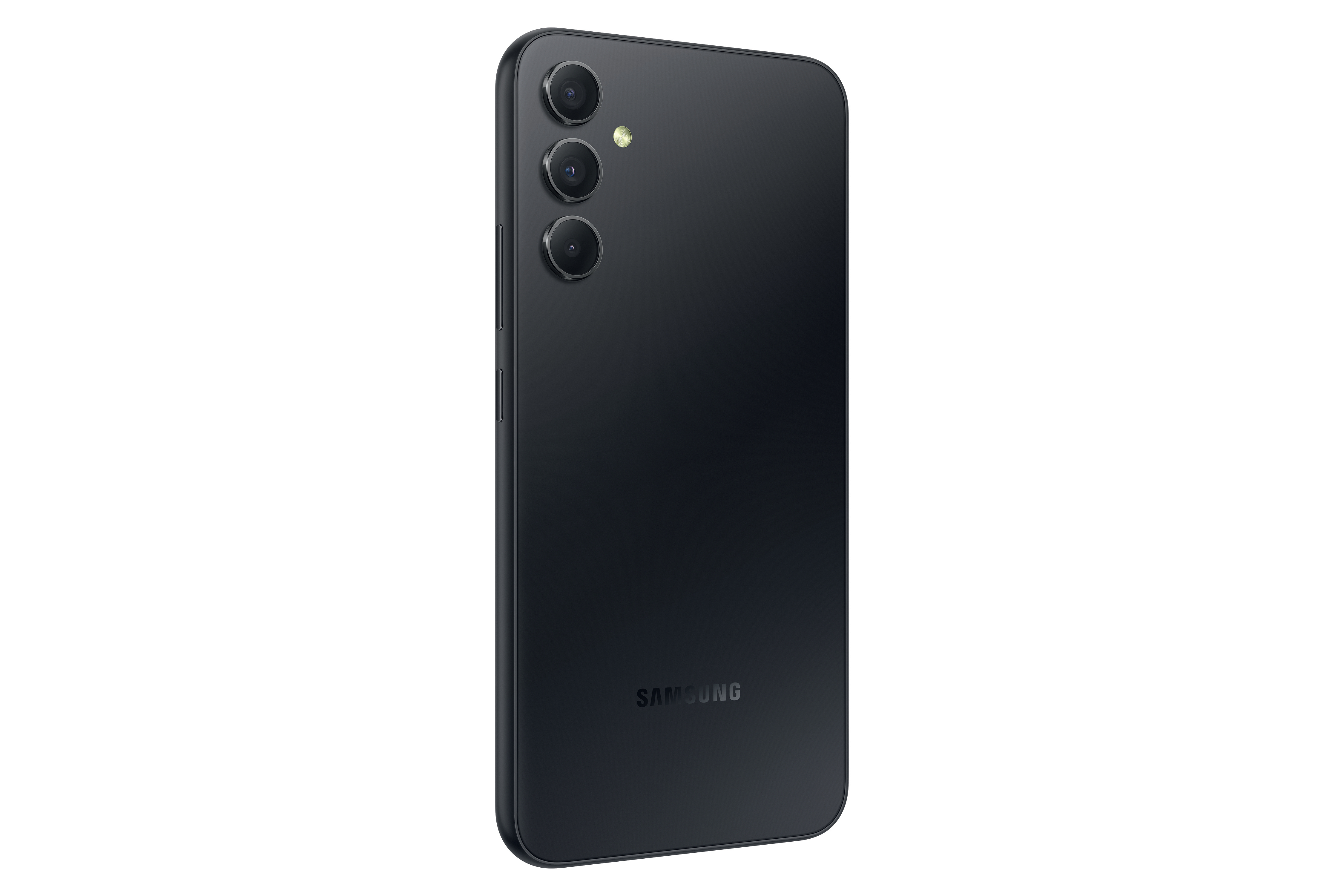 Rückseite eines schwarzen Smartphones mit drei Kameras und dem Samsung-Logo. Es ist schlicht und matt.