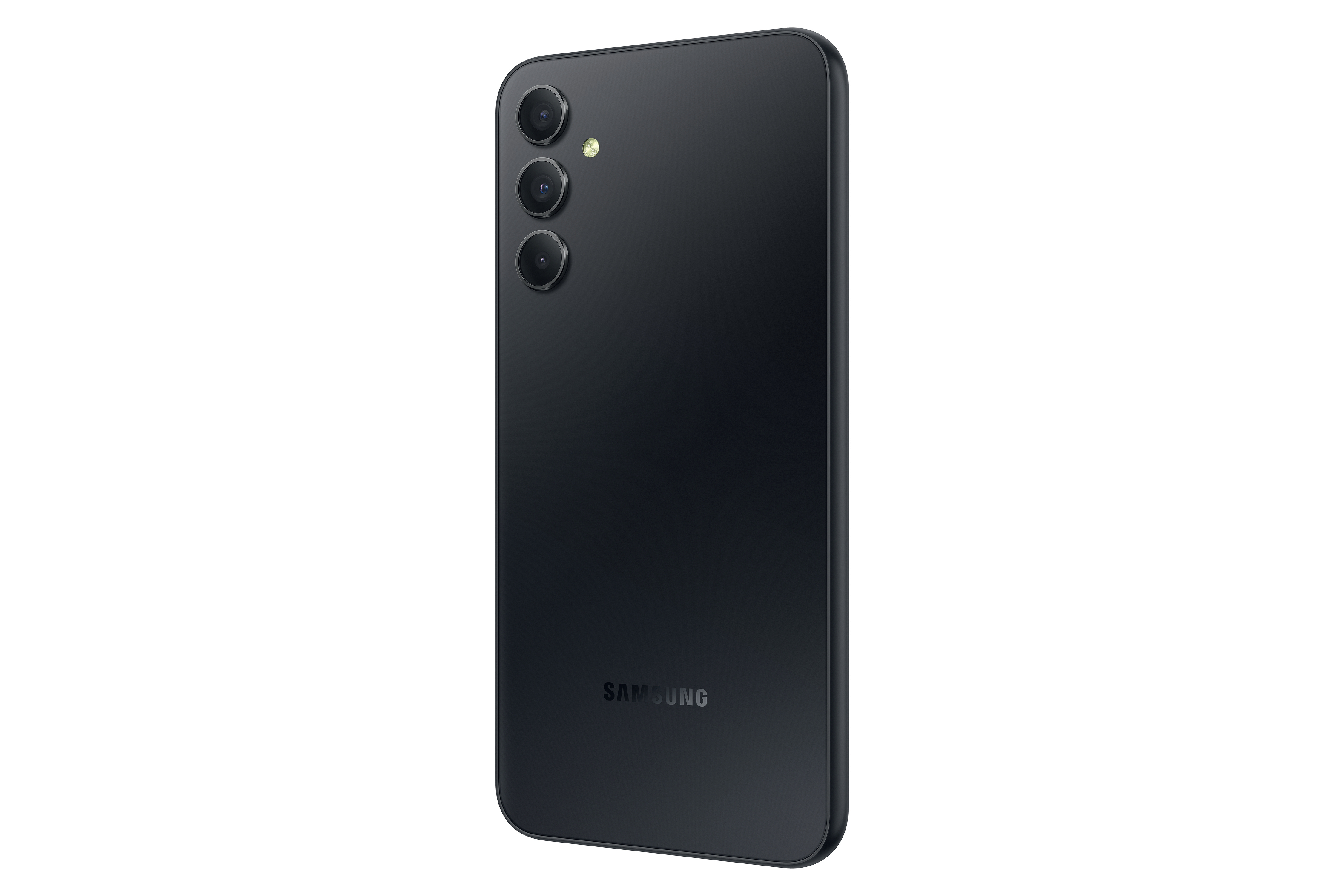 Schwarzes Smartphone-Rückseite. Drei Kameras, Blitz. Samsung Logo.