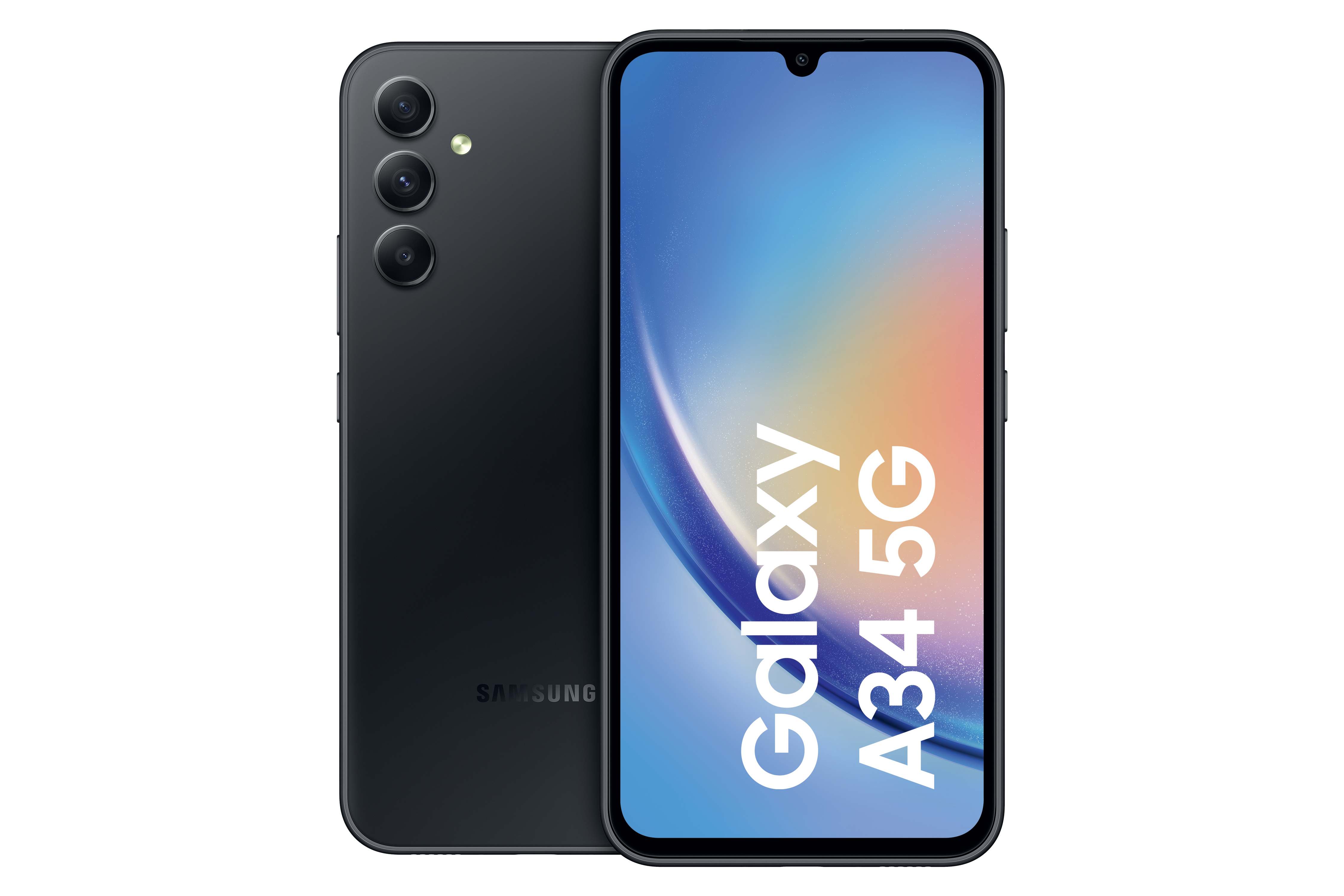 Schwarzes Telefon zeigt Rück- und Vorderseite. Die Vorderseite zeigt Galaxy A34 5G.