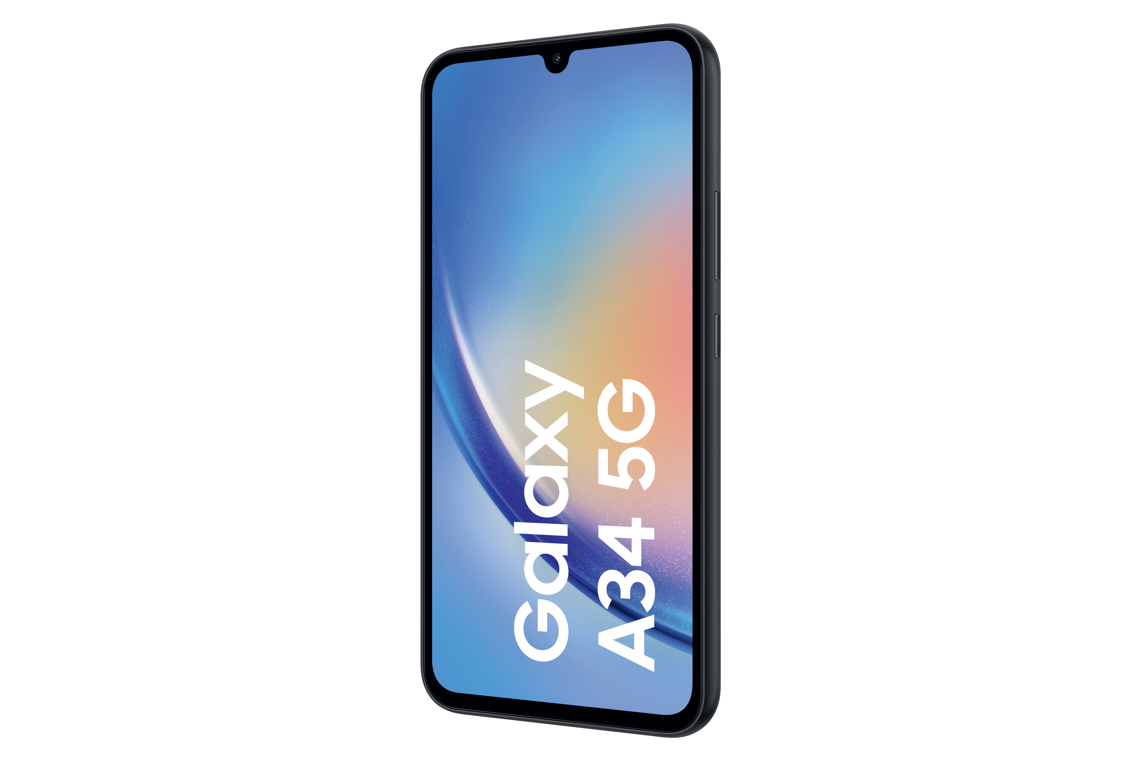 Ein blaues Telefon auf Weiß. Das Telefon zeigt eine Grafik mit 'Galaxy A34 5G'.