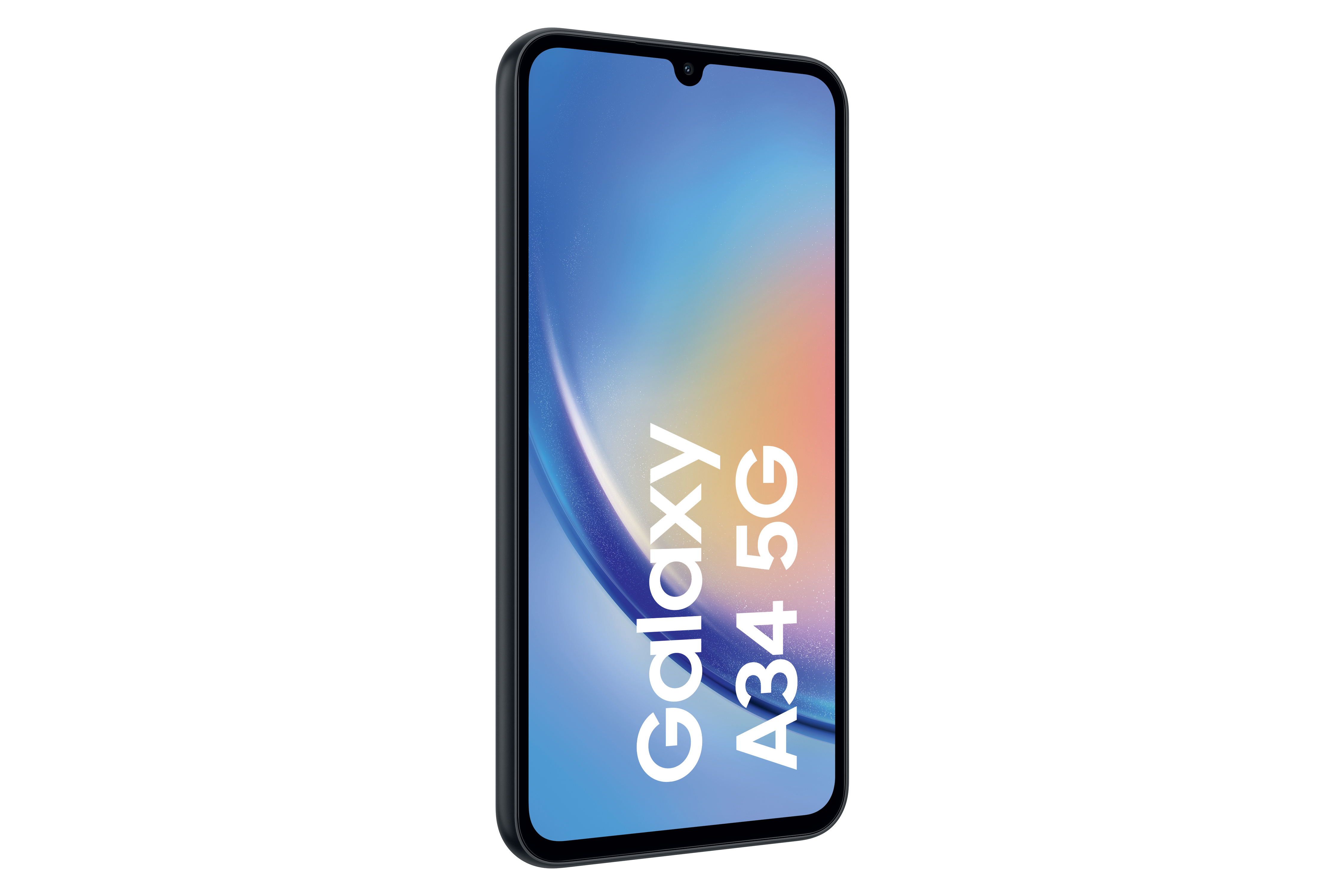 Ein schwarzes Smartphone im Winkel, das 'Galaxy A34 5G' auf dem Bildschirm anzeigt. Der Hintergrund ist unscharf.