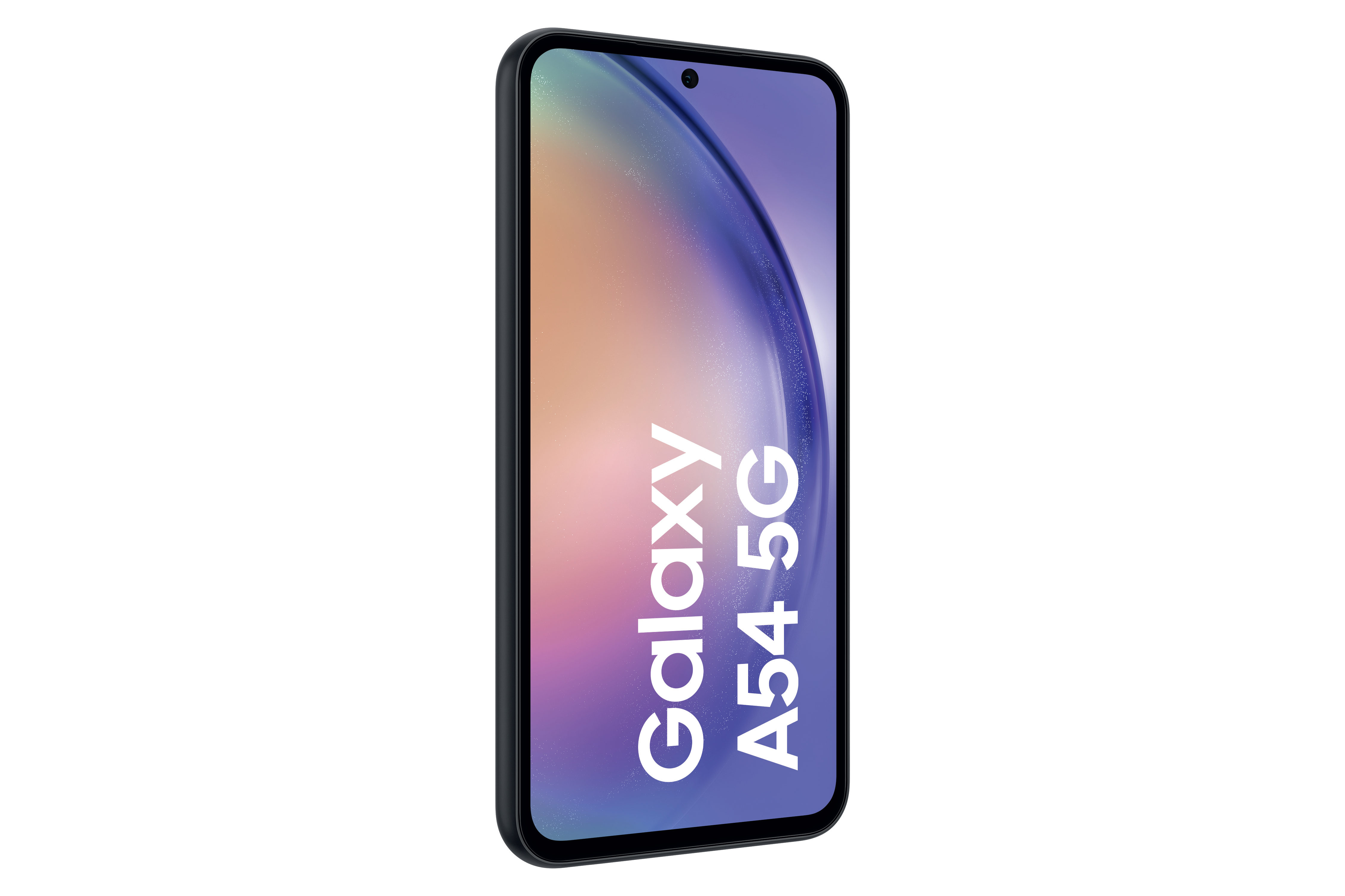 Ein Samsung Galaxy A54 5G Smartphone in heller Farbe, von der Seite betrachtet, weißer Hintergrund.