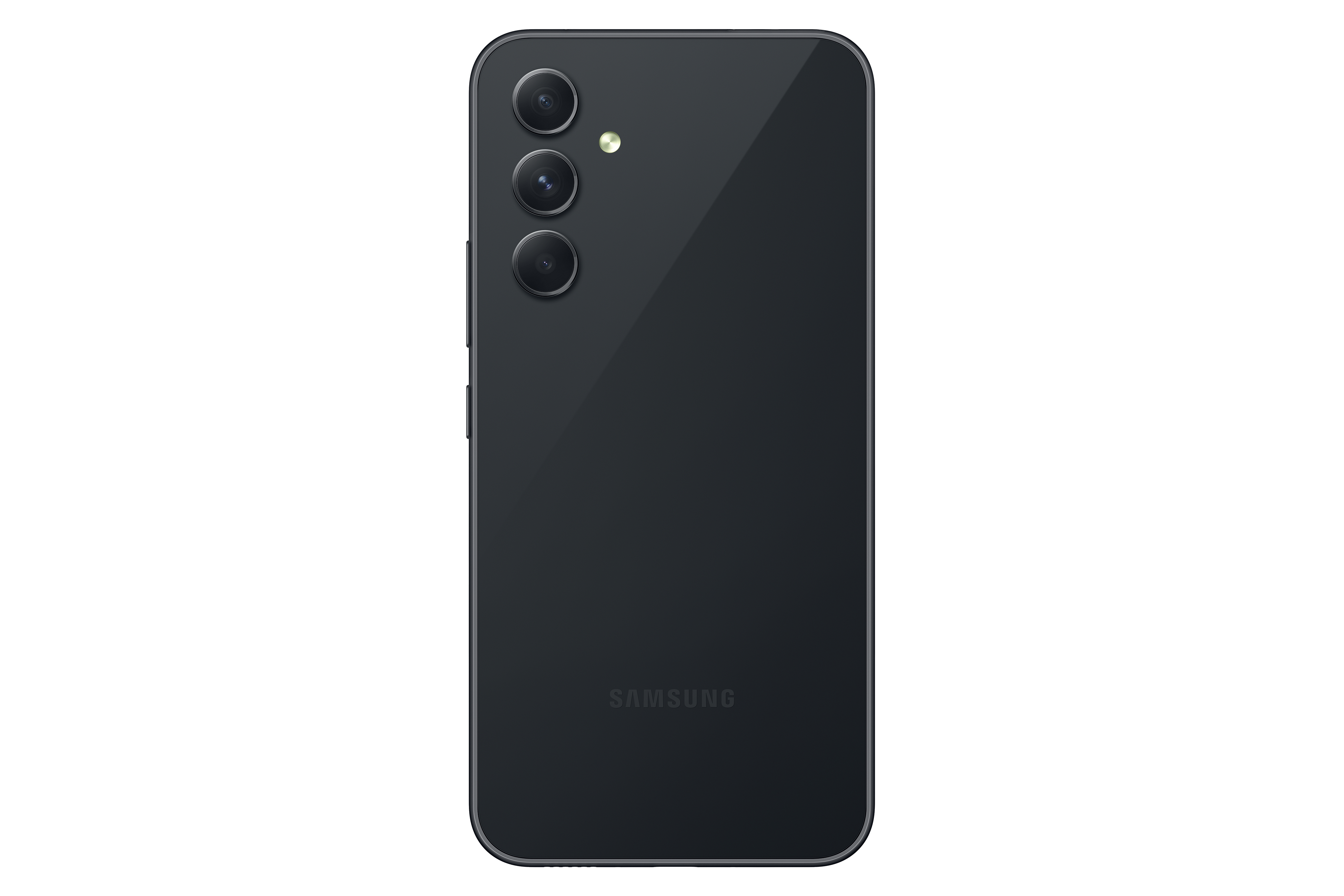 Schwarzes Telefon, Rückansicht. Drei Kameralinsen, Samsung-Logo unten.