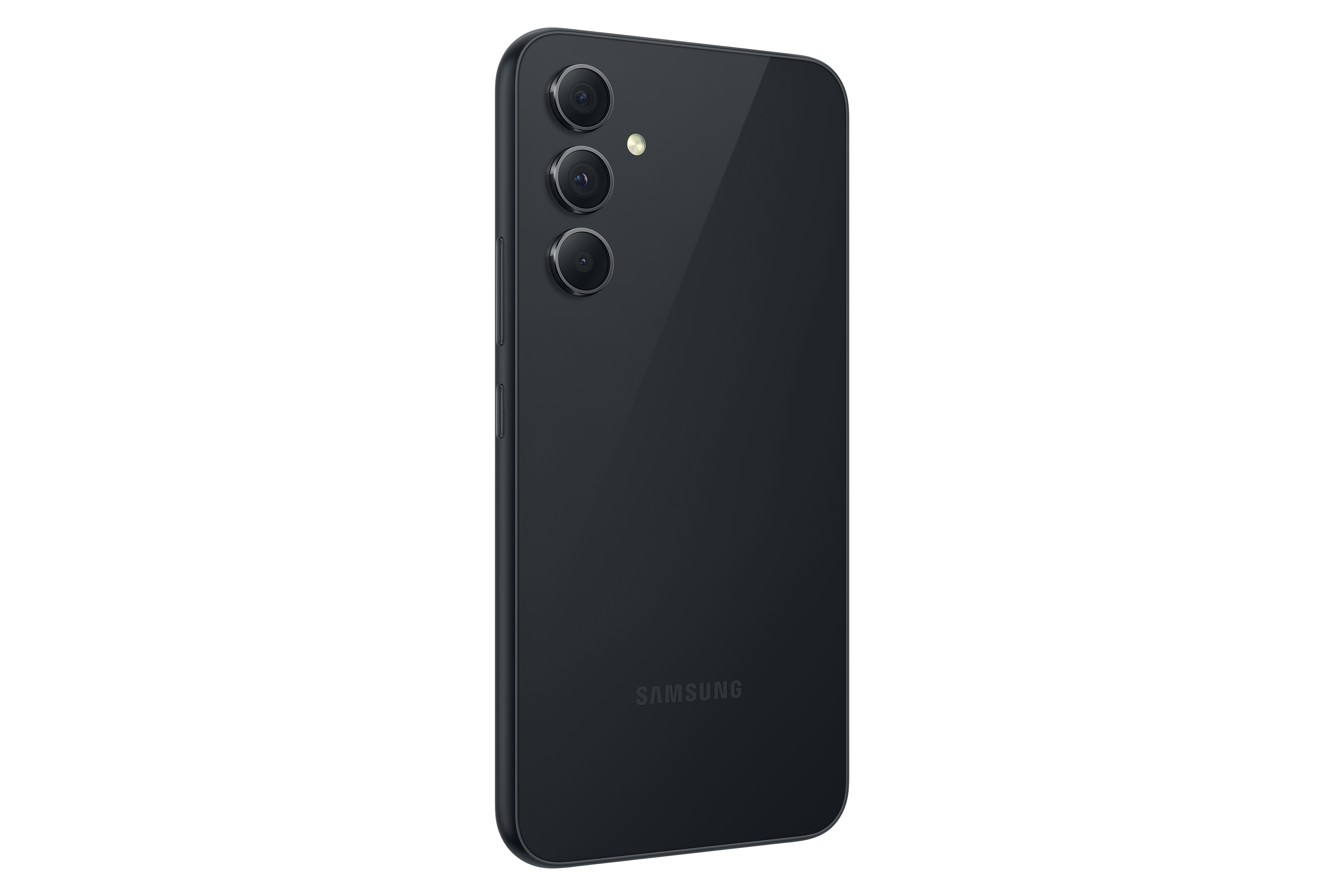 Rückseite eines schwarzen Smartphones mit drei Kameras und Samsung-Logo.