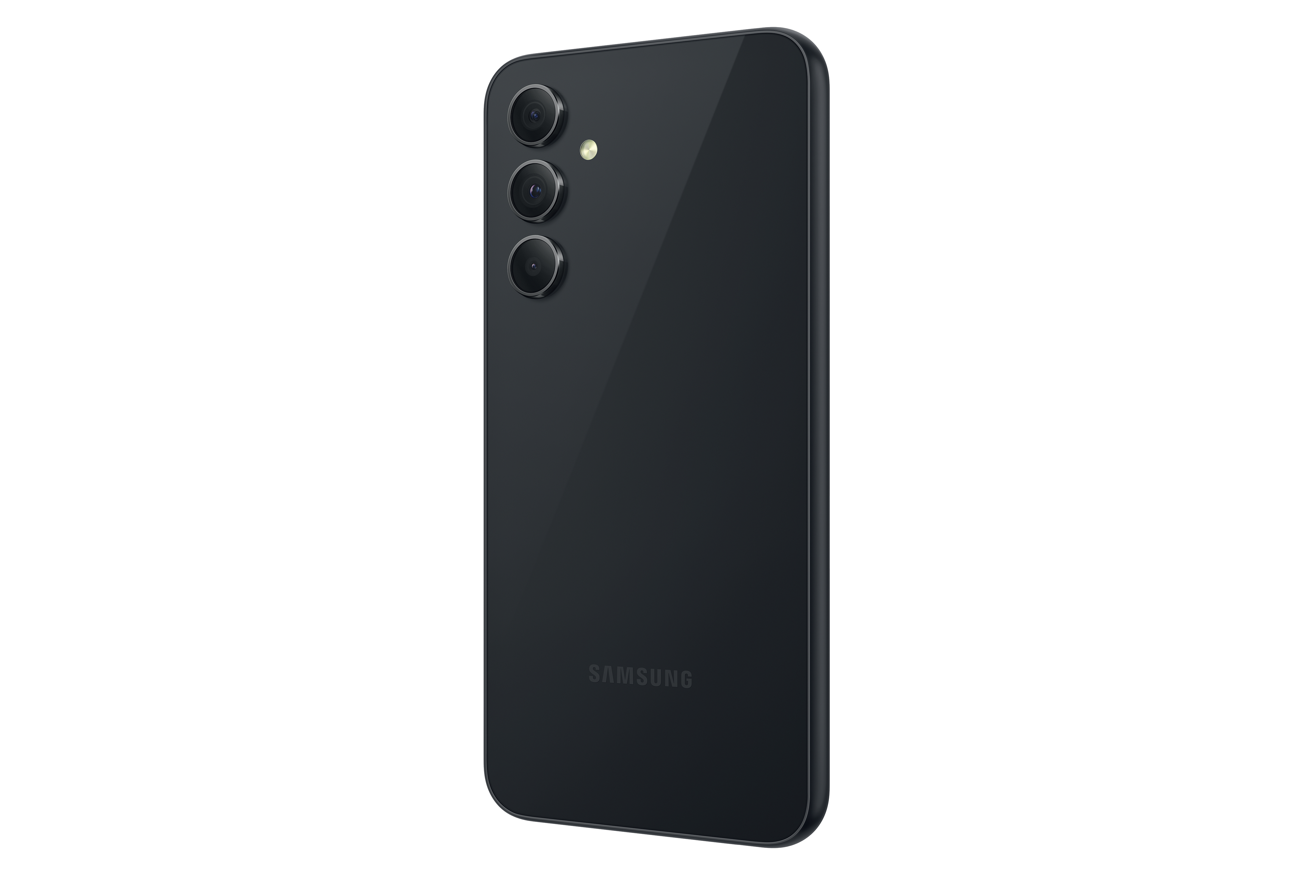 Schwarzes Smartphone, Rückansicht, mit Kameras und Samsung-Logo unten.