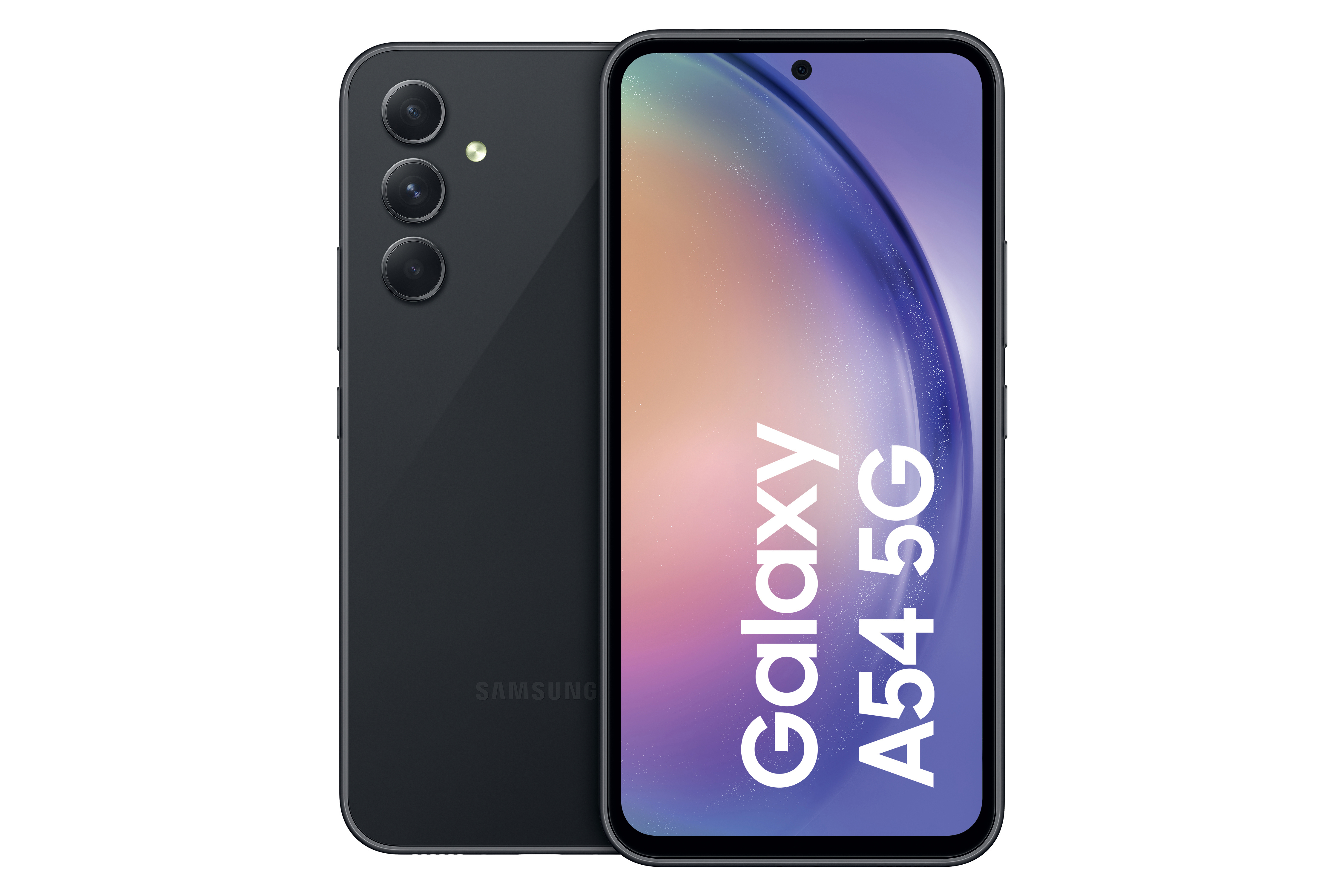 Ein schwarzes Samsung Galaxy A54 5G Telefon, Rück- und Vorderansicht, weißer Hintergrund.