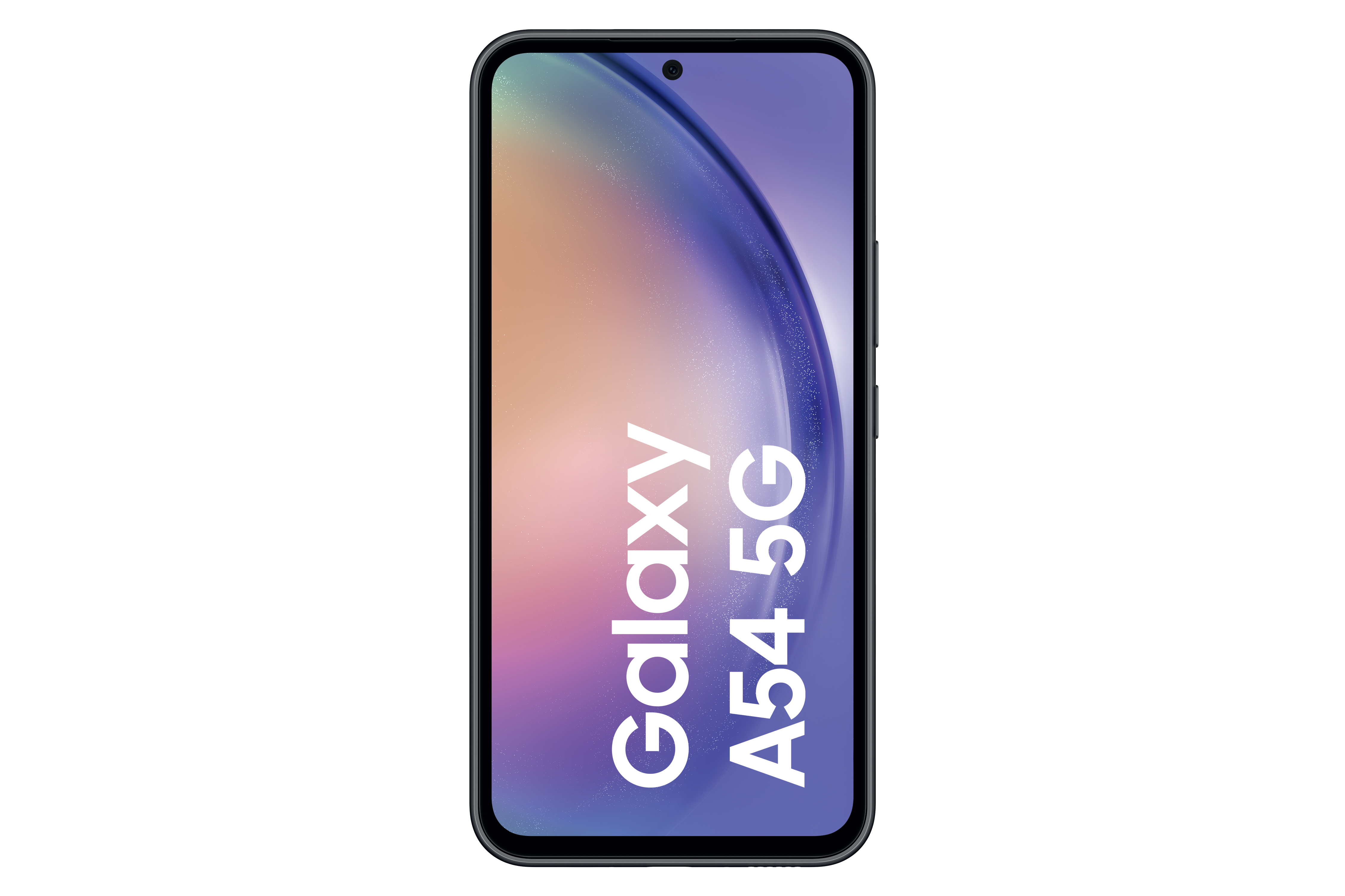 Schwarzes Samsung Galaxy A54 5G Smartphone mit dem Text Galaxy A54 5G auf dem Bildschirm.
