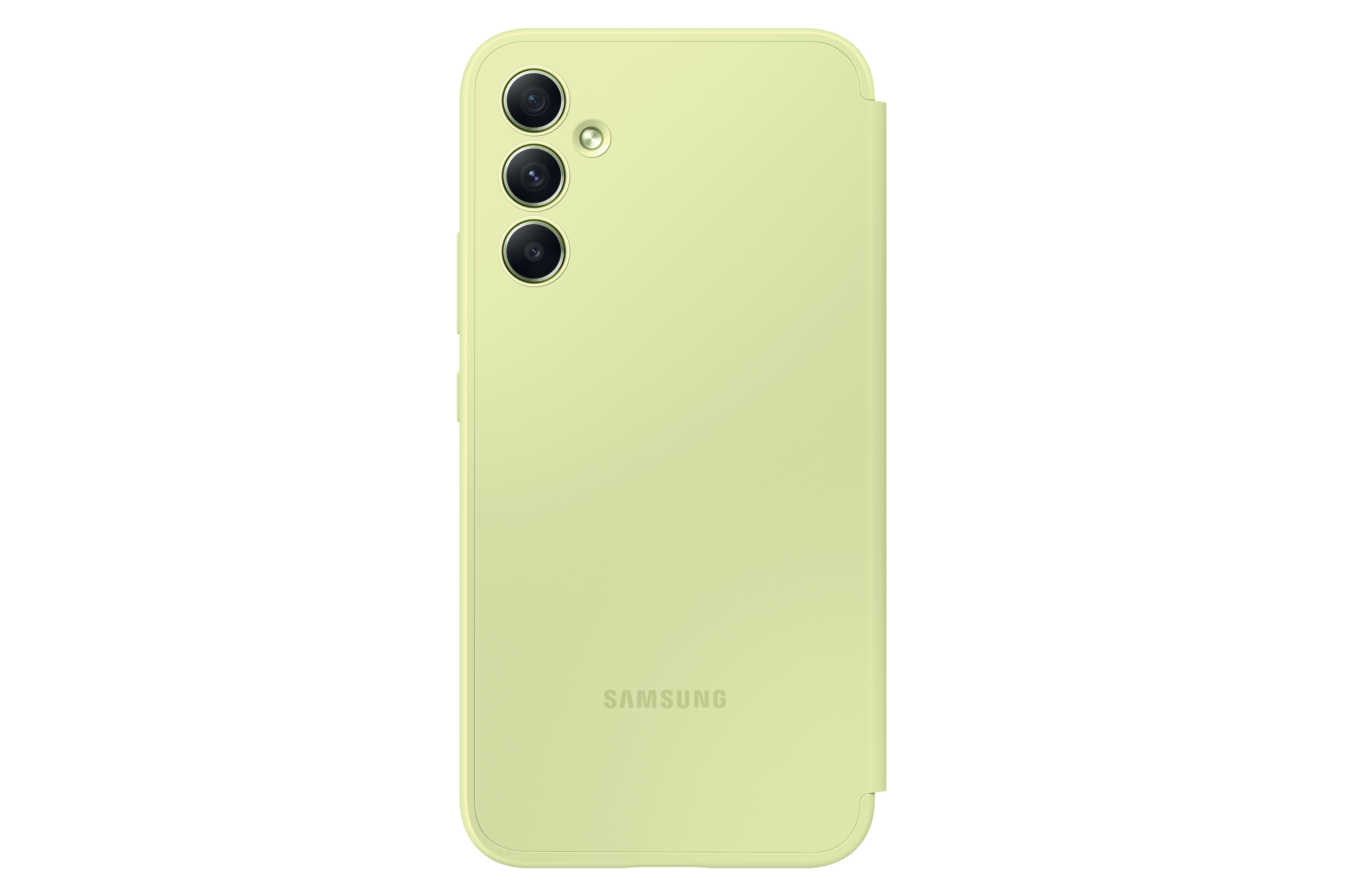 Eine hellgrüne Handyhülle mit drei Kameralinsen, dem Samsung-Logo und einer glatten Oberfläche.