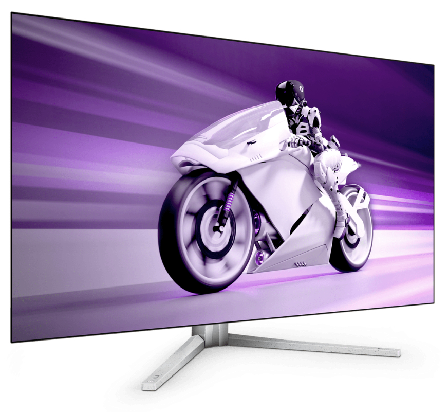 Ein großer Bildschirm-TV, der eine futuristische Motorrad-Rennszene mit einer Figur zeigt.