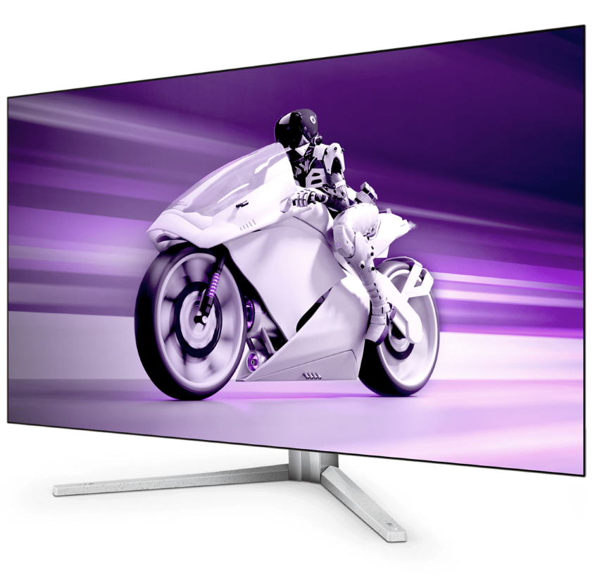 Monitor mit Bild eines futuristischen Motorrads. Ein Roboterfahrer sitzt auf dem Motorrad.