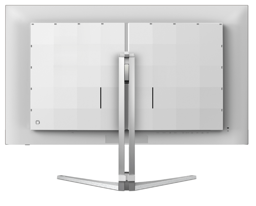 Rückseite des weißen Monitors. Mit Ständer und Anschlüssen.