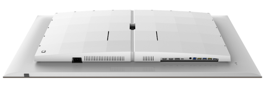 Ein weißer Computermonitor, Unterseite, mit sichtbaren Anschlüssen und Verbindungen.