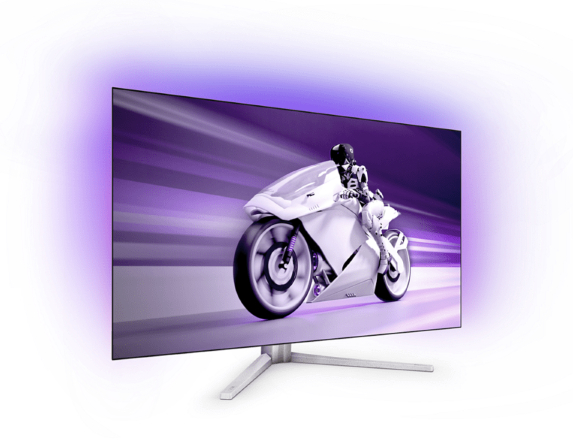 Ein Monitor mit einem Motorradbild. Es hat ein lilafarbenes Licht um den Bildschirm. Der Ständer ist silberfarben.