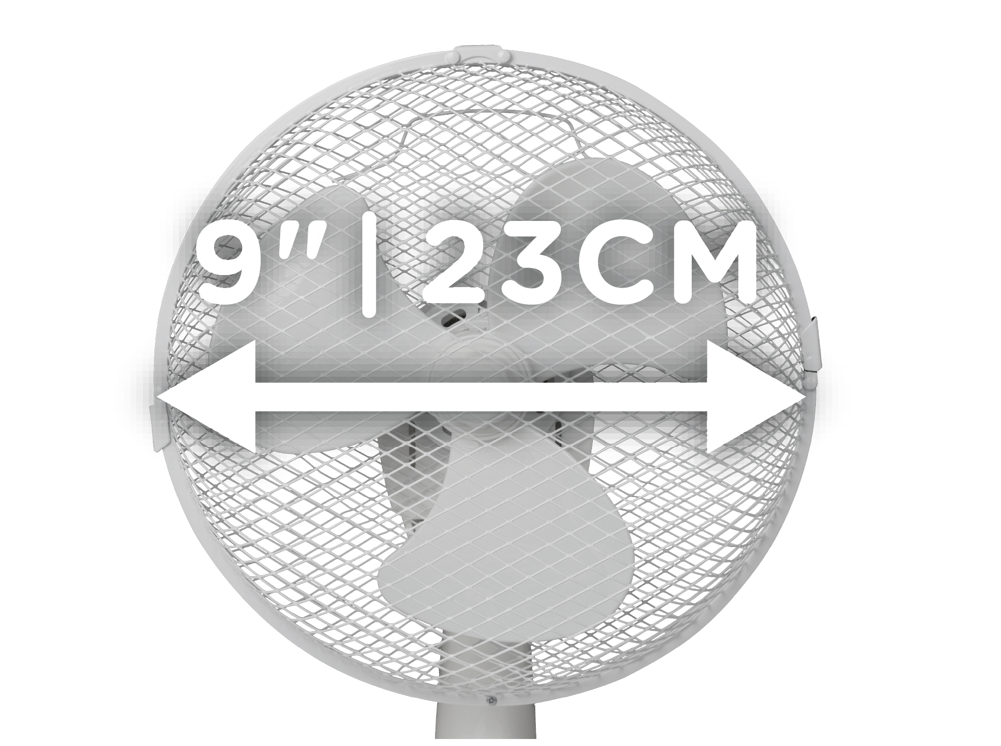 Weißer Ventilator mit Schutzgitter. Pfeile zeigen Durchmesser von 9 Zoll oder 23 cm.