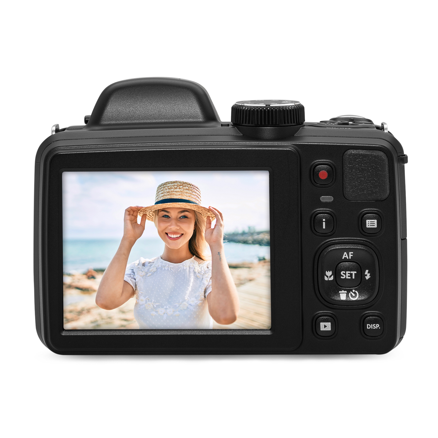 Vista posteriore fotocamera nera, mostra una donna sorridente con cappello di paglia, sullo schermo.