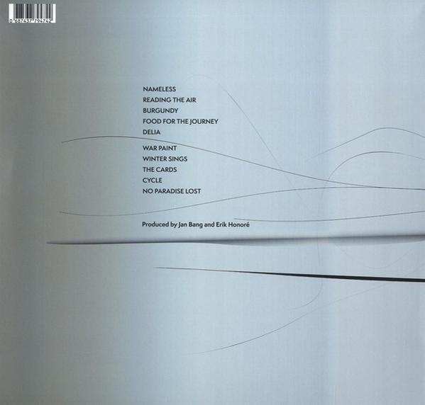 Eine Liste von Songtiteln und Produktionscredits auf hellblauem Hintergrund mit schwachen Linien.