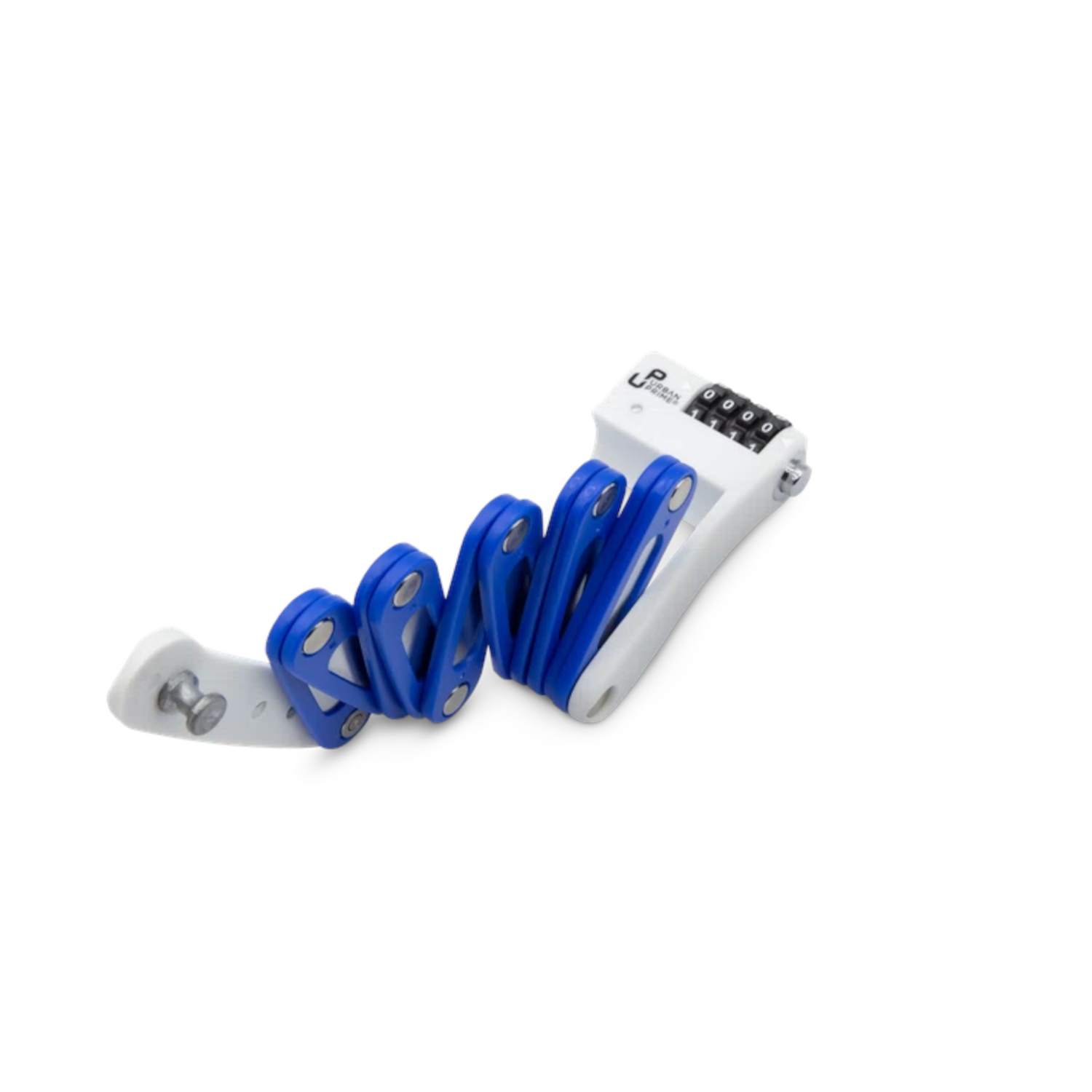 Folding bike lock, blue and white, with combination lock numbers.