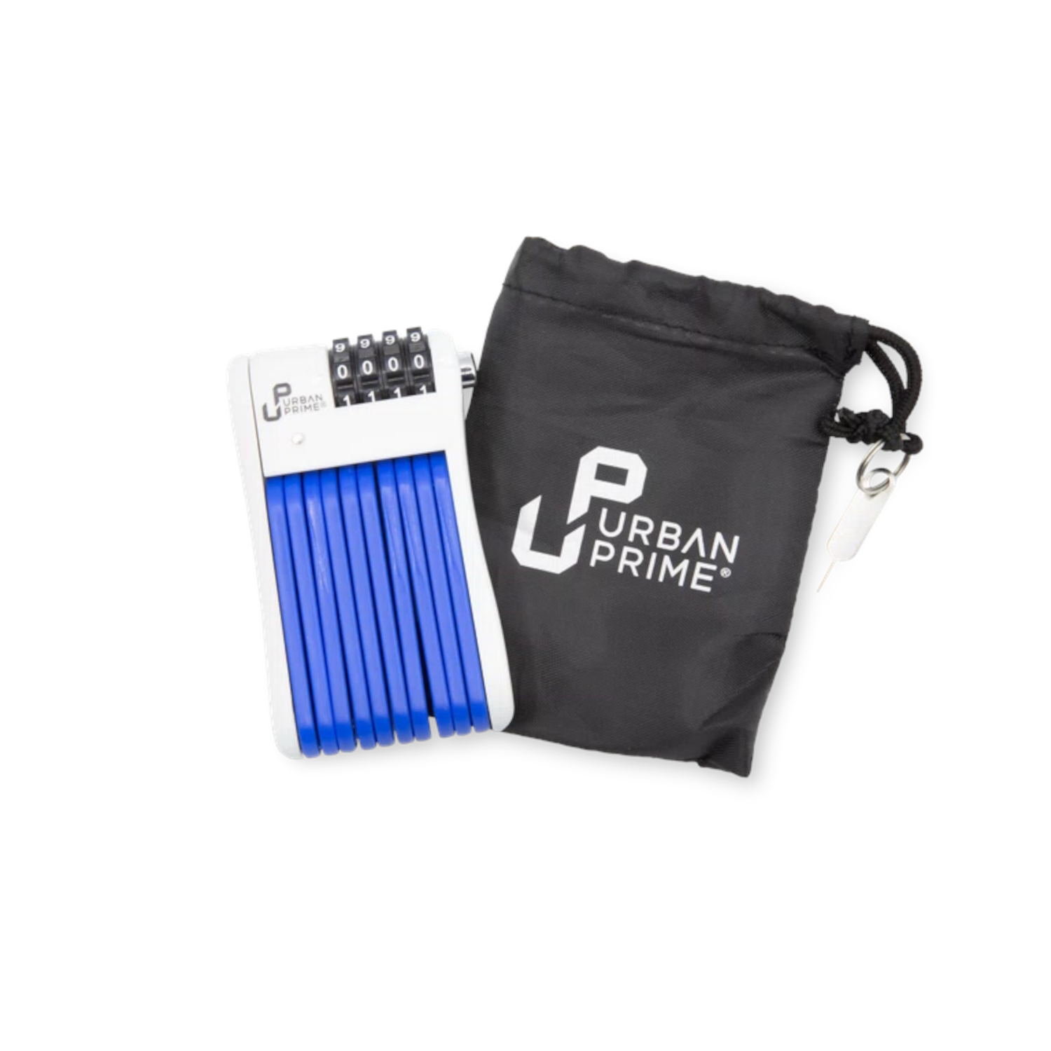Bike lock with numbers and a black storage bag.