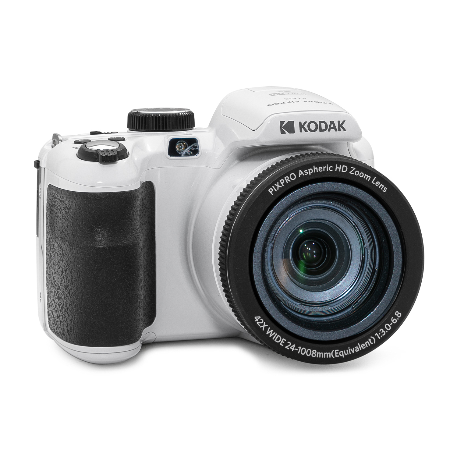 Una fotocamera Kodak bianca è mostrata ad angolo, con un obiettivo grande e dettagli di impugnatura neri.