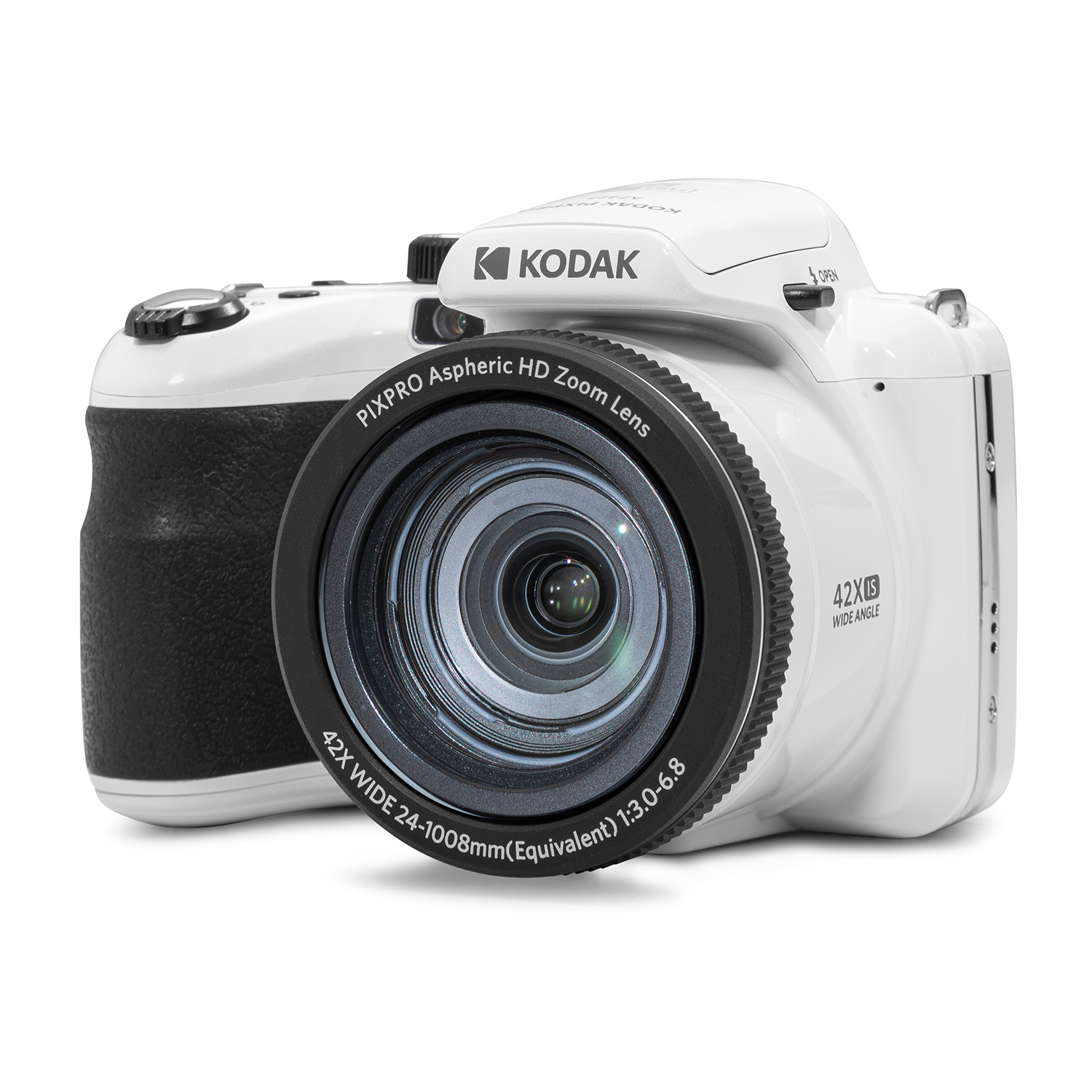 Fotocamera Kodak bianca con impugnatura e obiettivo neri. Logo Kodak sopra.