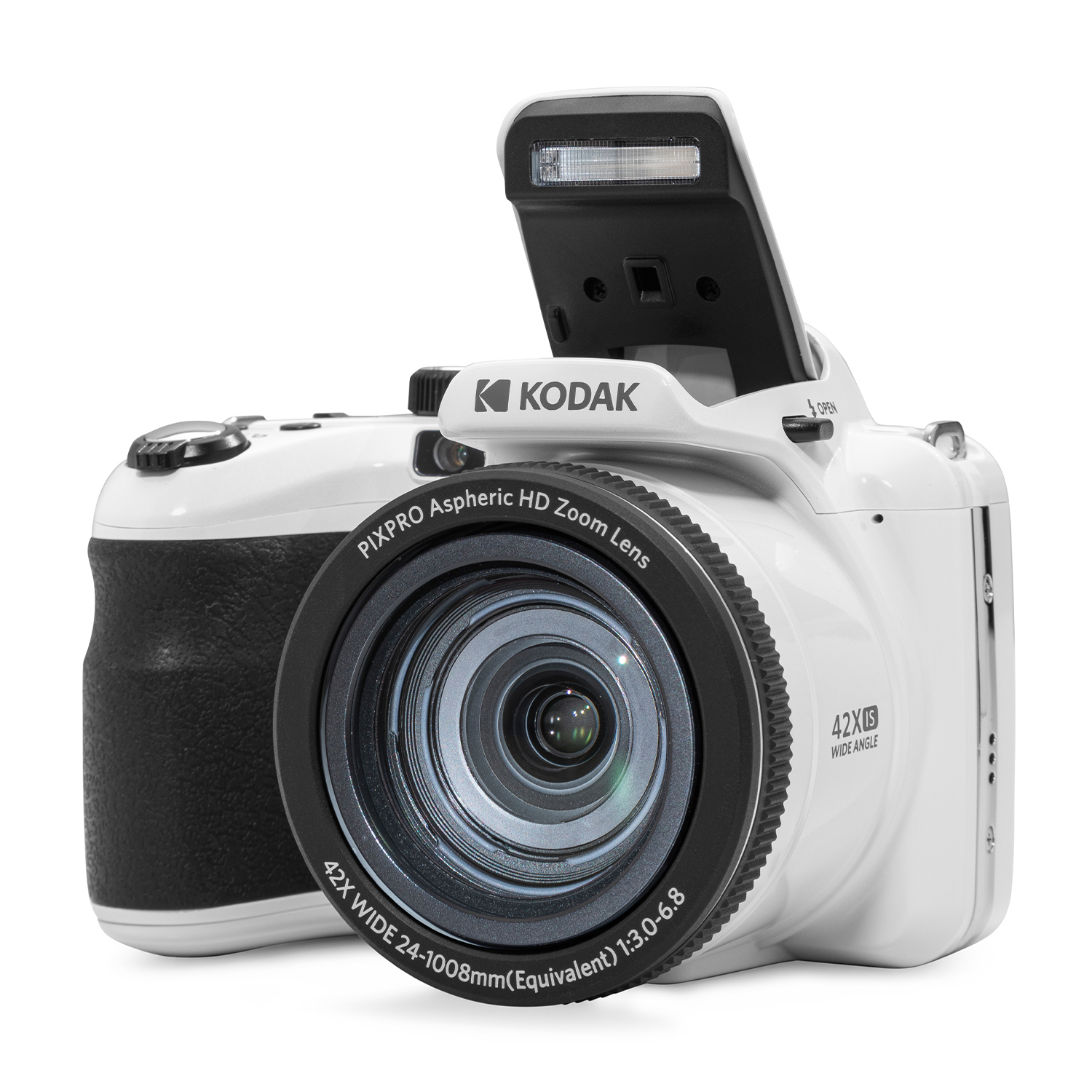 Fotocamera digitale Kodak, corpo bianco, impugnatura e obiettivo neri. Il flash è aperto.
